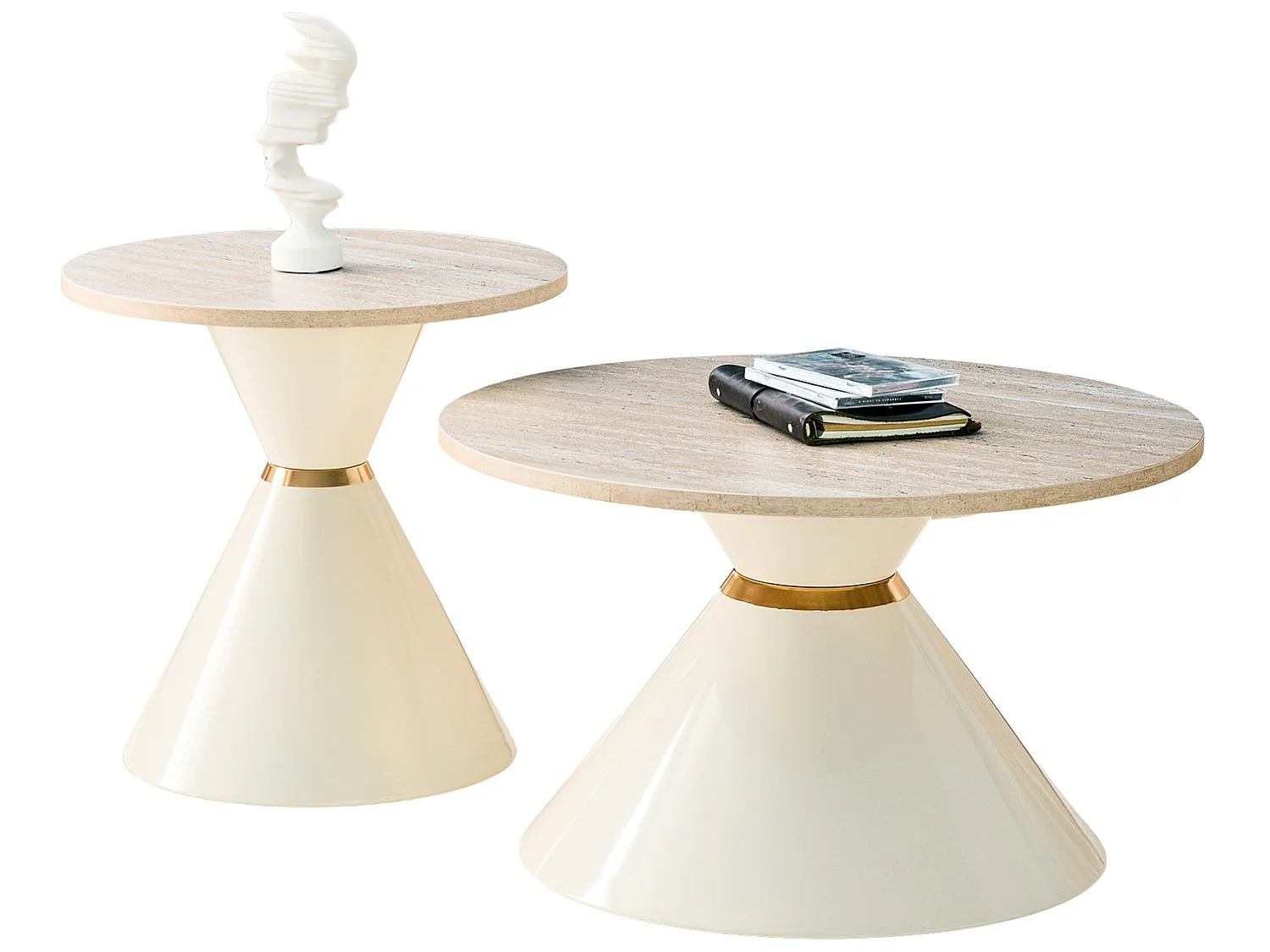 Set de 2 tables basses rondes avec plateaux décoratifs et socles métalliques coniques
