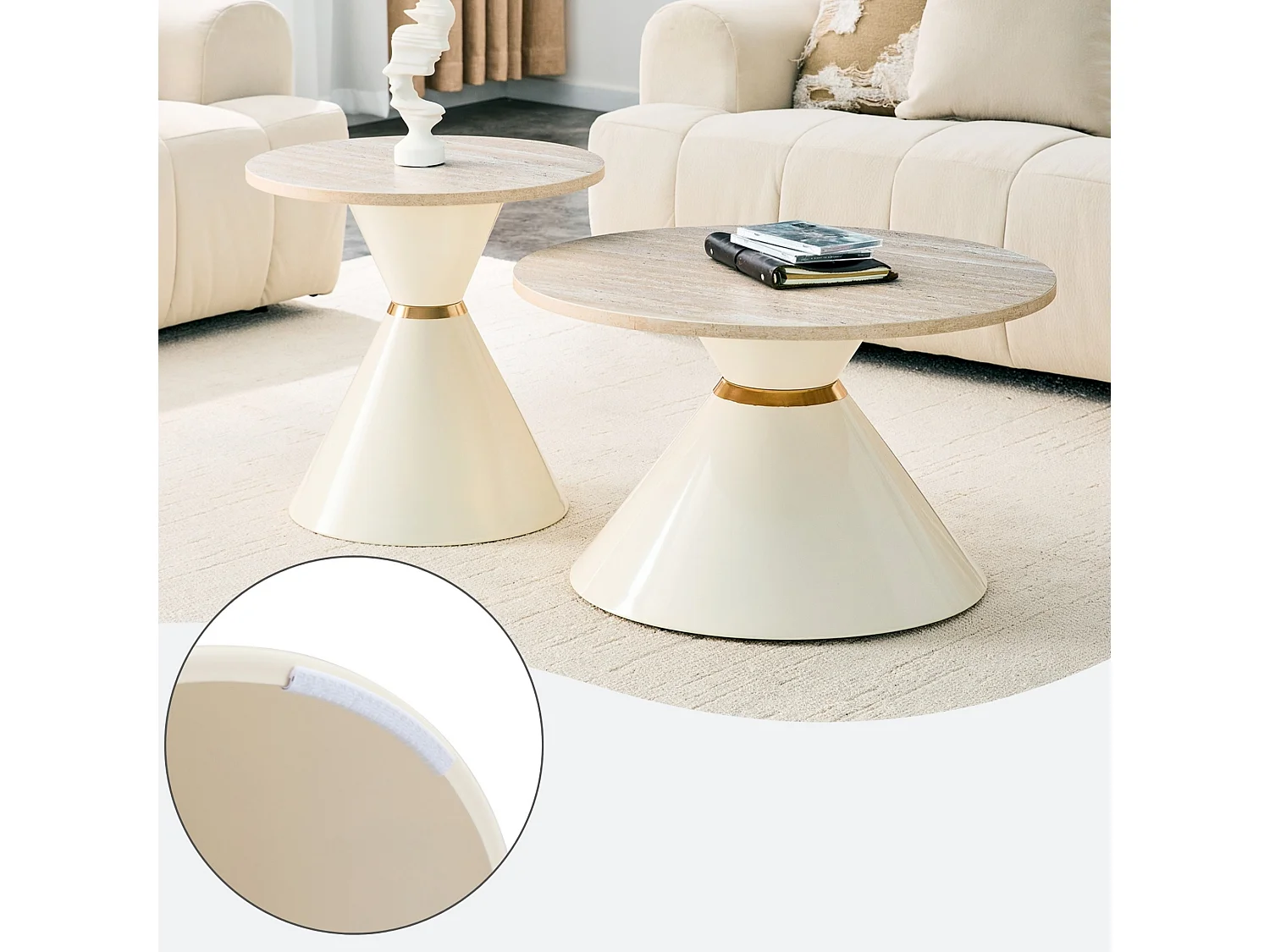 Set de 2 tables basses rondes avec plateaux décoratifs et socles métalliques coniques