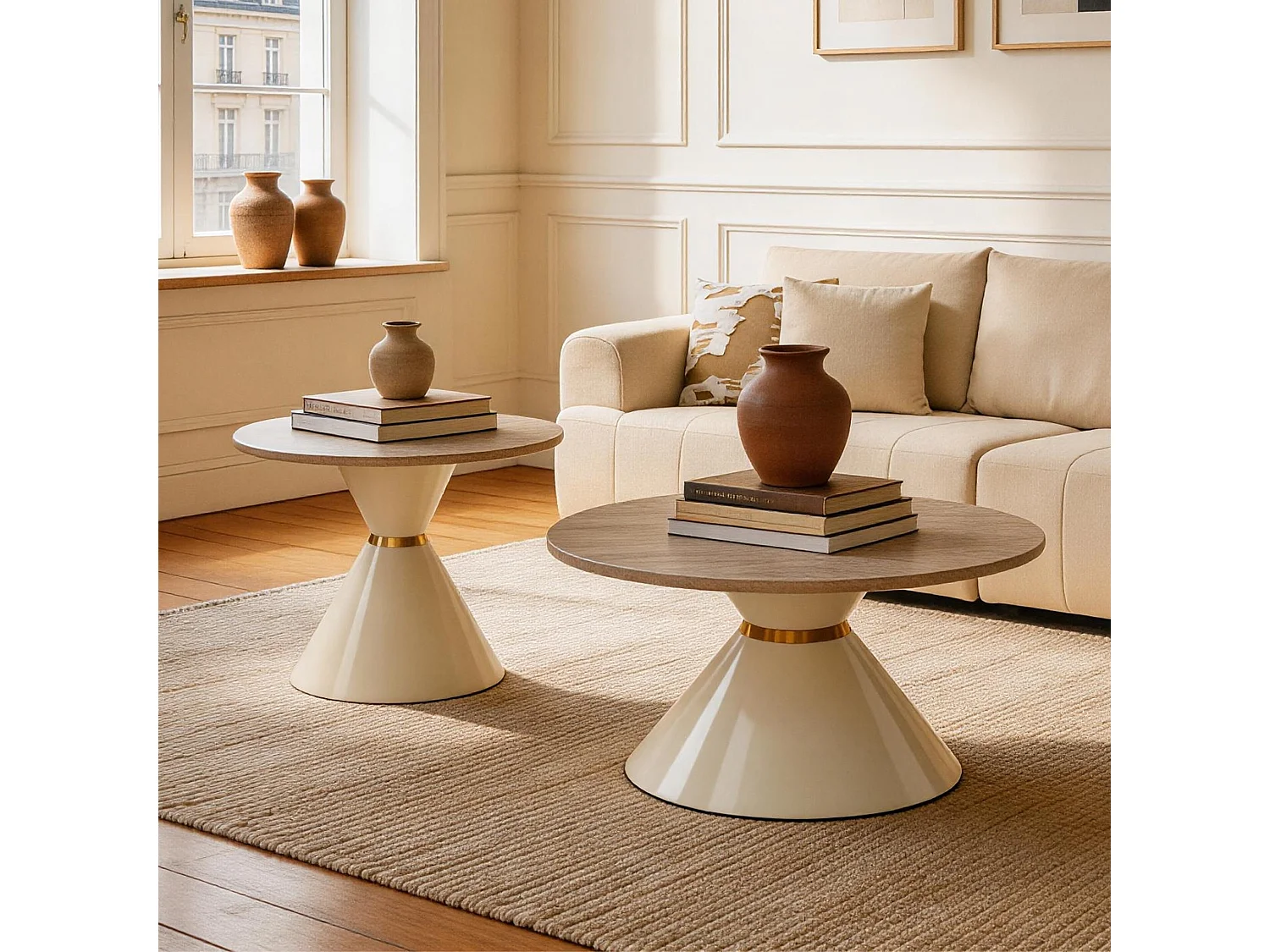 Set de 2 tables basses rondes avec plateaux décoratifs et socles métalliques coniques