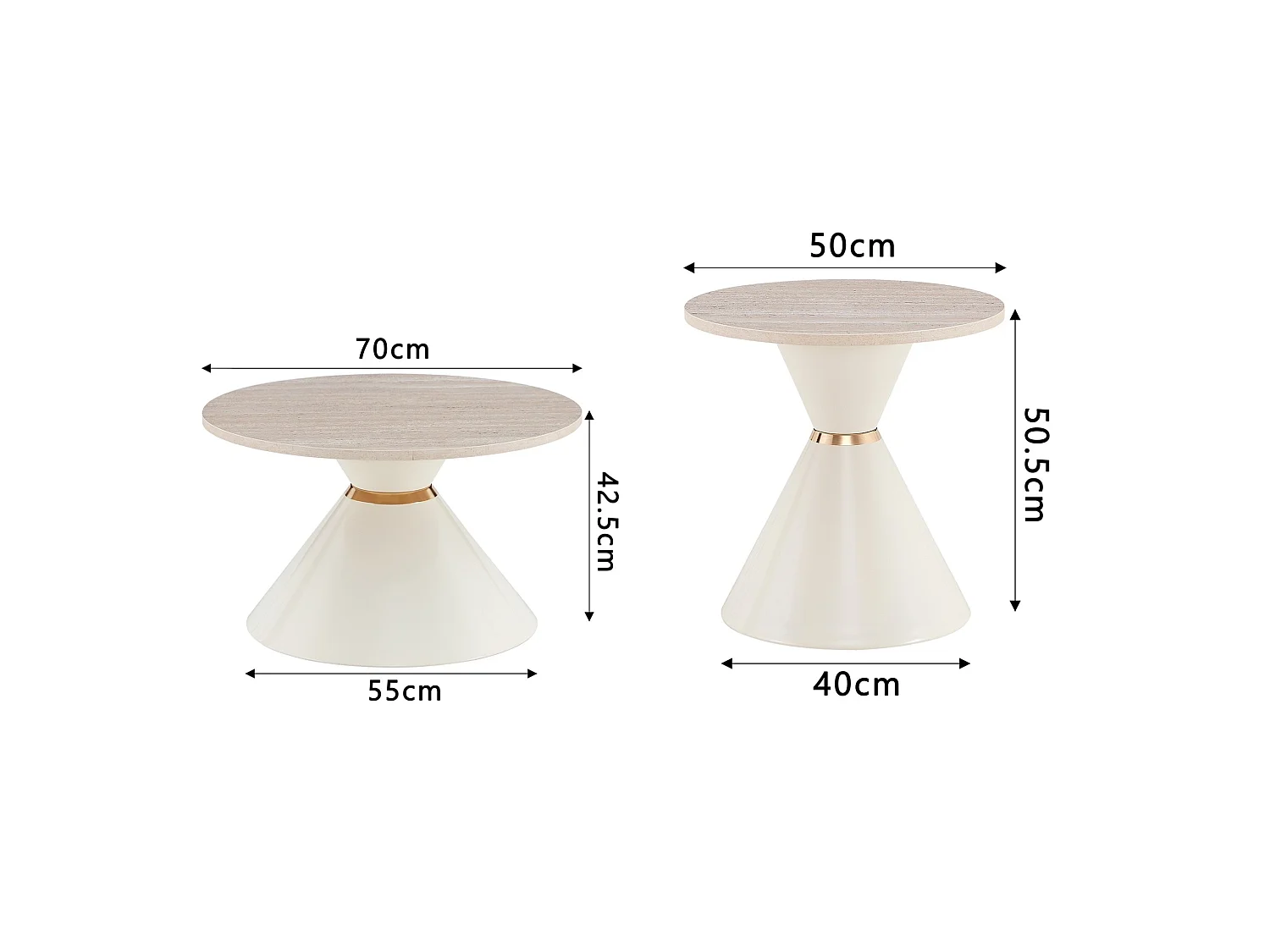 Set de 2 tables basses rondes avec plateaux décoratifs et socles métalliques coniques