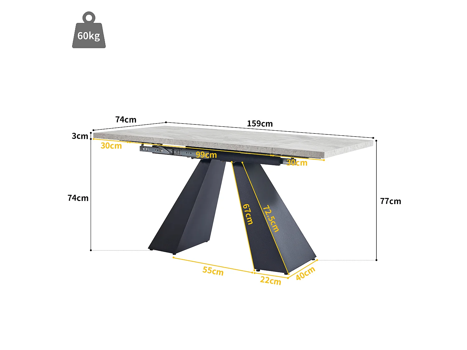 Table à manger extensible moderne effet marbre pour 4 à 6 personnes 99 à 159 cm