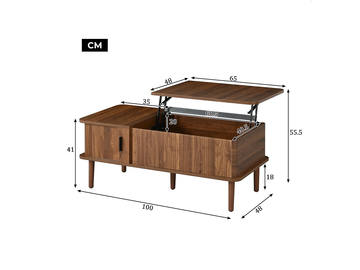 Tavolino elevabile da 41 a 55.5 cm con vano contenitore e anta scorrevole
