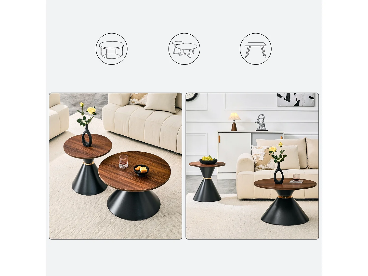 Set di 2 tavolini rotondi con piani decorativi e basi metalliche coniche