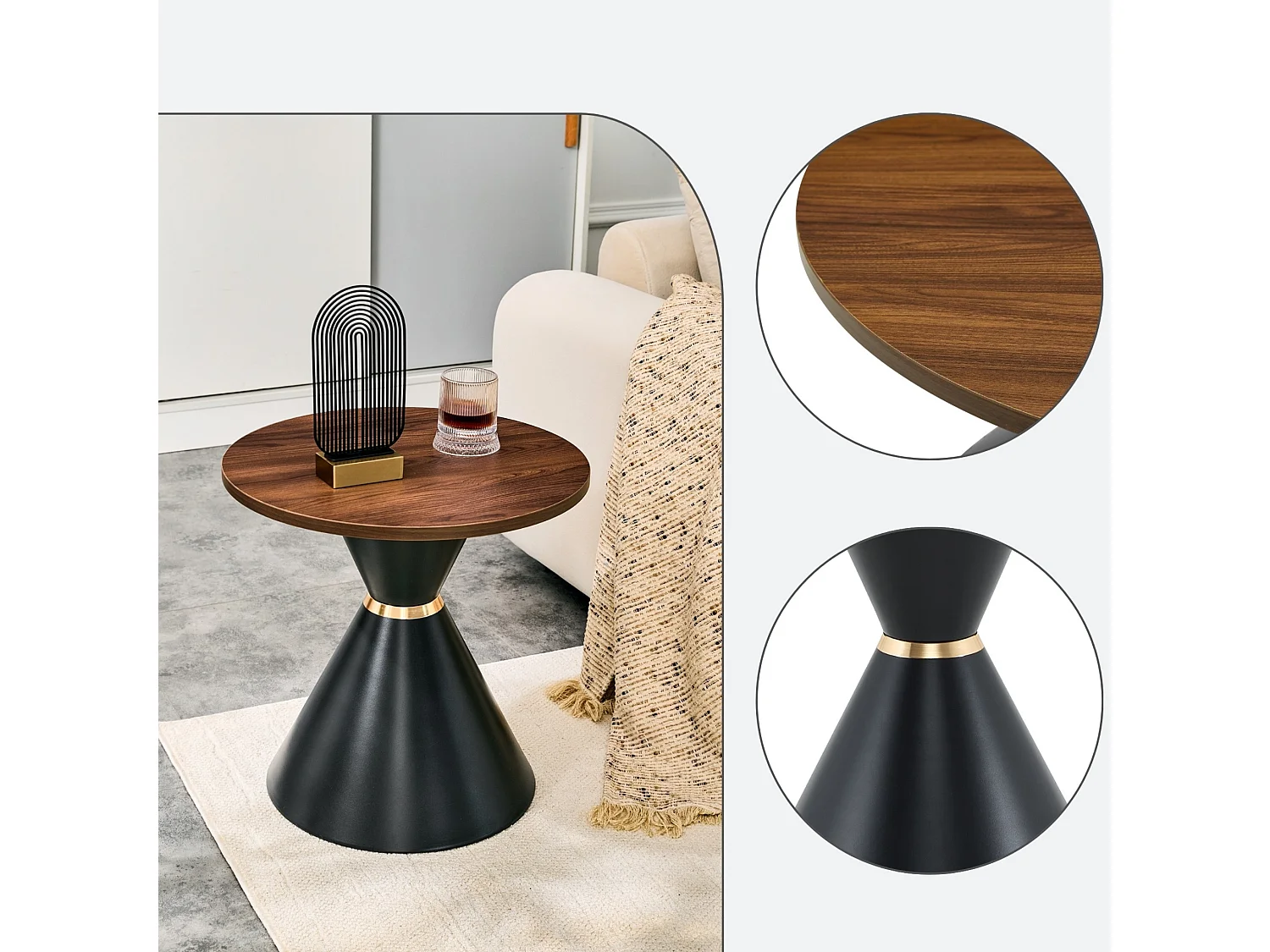 Set di 2 tavolini rotondi con piani decorativi e basi metalliche coniche