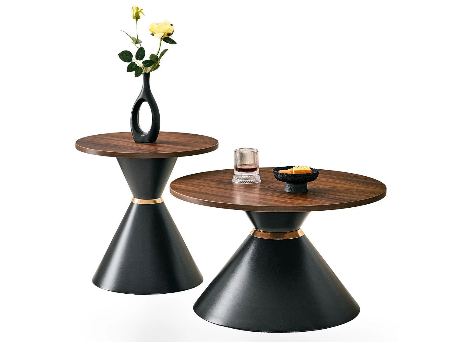 Set di 2 tavolini rotondi con piani decorativi e basi metalliche coniche