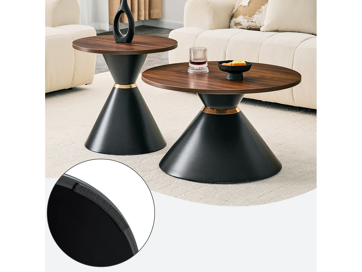 Set di 2 tavolini rotondi con piani decorativi e basi metalliche coniche