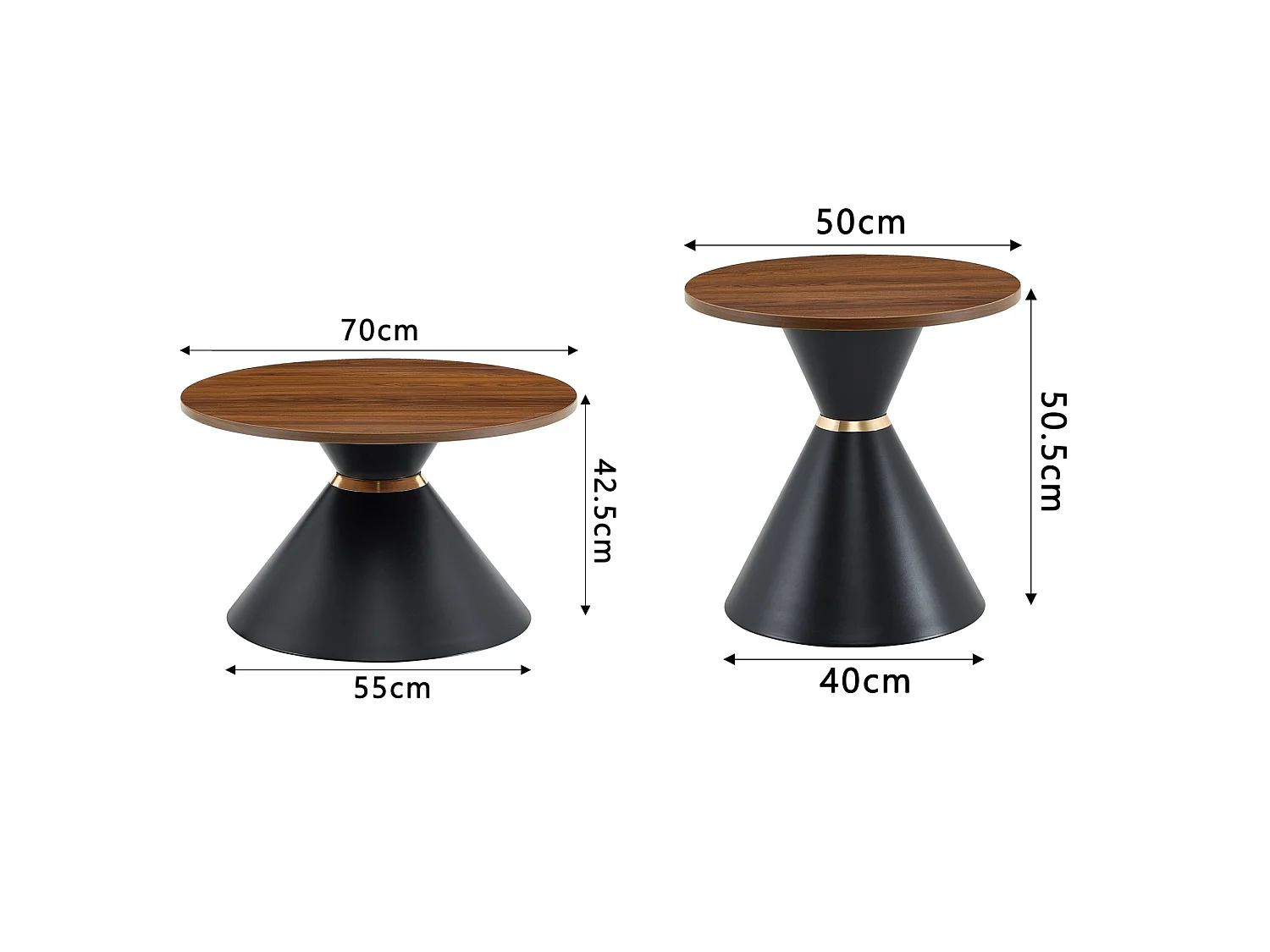 Set di 2 tavolini rotondi con piani decorativi e basi metalliche coniche