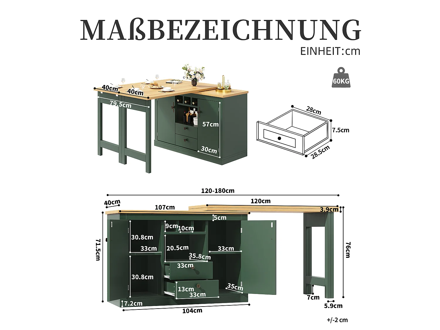 Uitschuifbare eettafel met opbergkast en draaifunctie 120 tot 180 x 40 cm