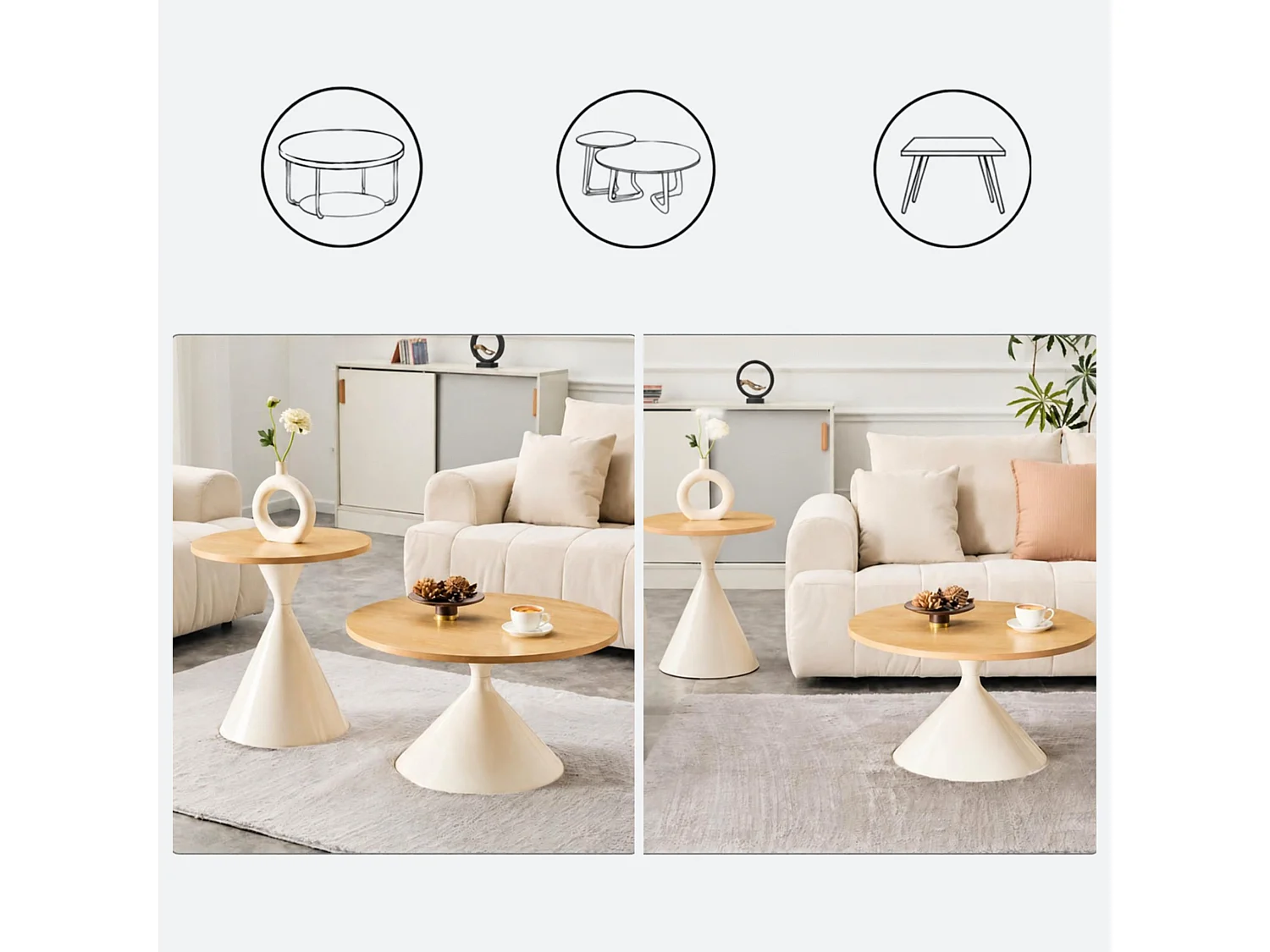 Set de 2 tables basses rondes aspect bois avec bases métalliques coniques