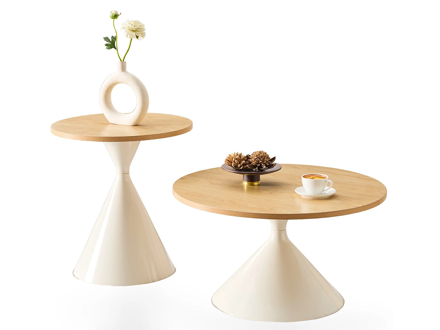 Set de 2 tables basses rondes aspect bois avec bases métalliques coniques