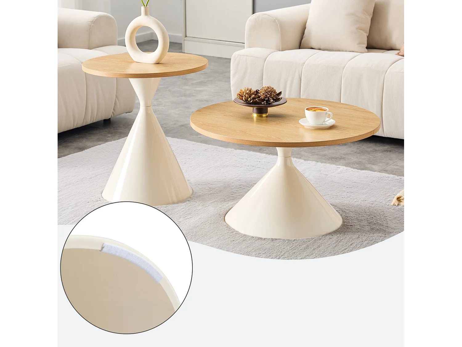 Set de 2 tables basses rondes aspect bois avec bases métalliques coniques