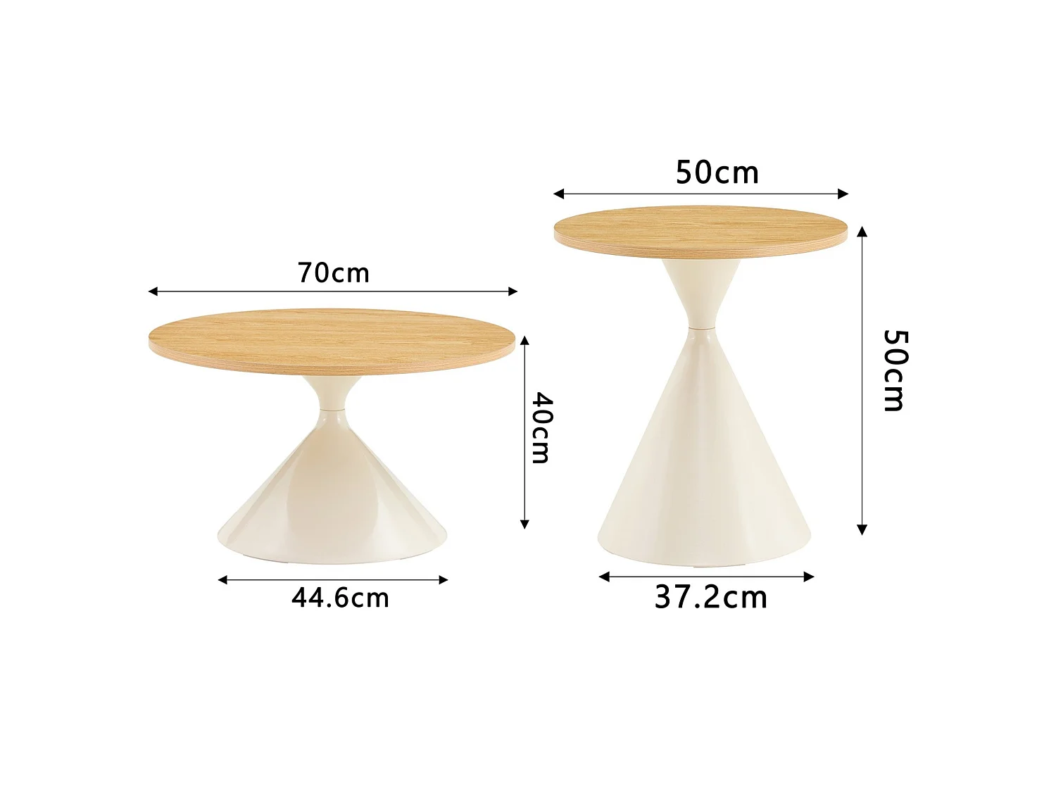 Set de 2 tables basses rondes aspect bois avec bases métalliques coniques
