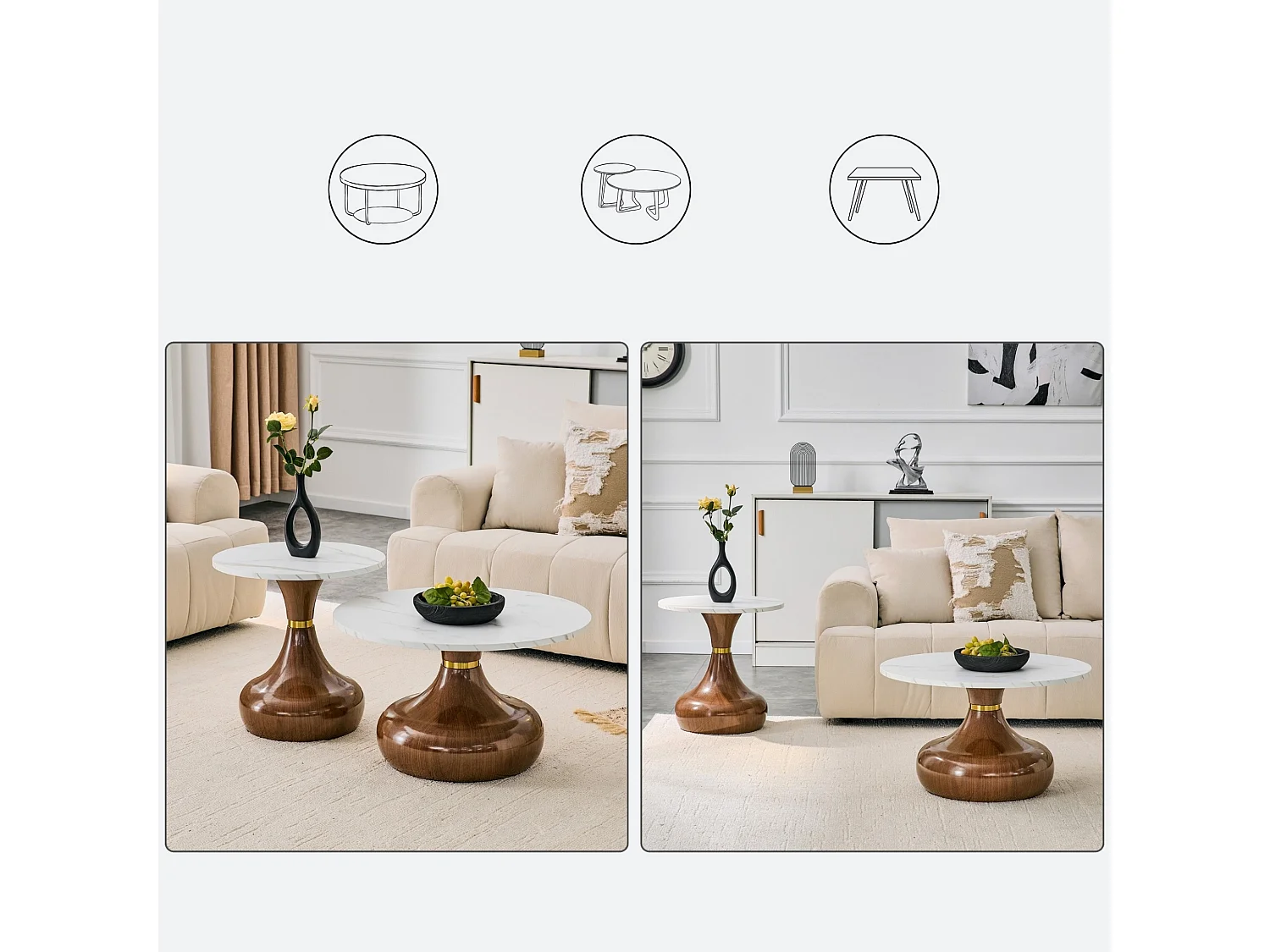 Set de 2 tables basses rondes aspect bois avec socles métalliques en forme de vase