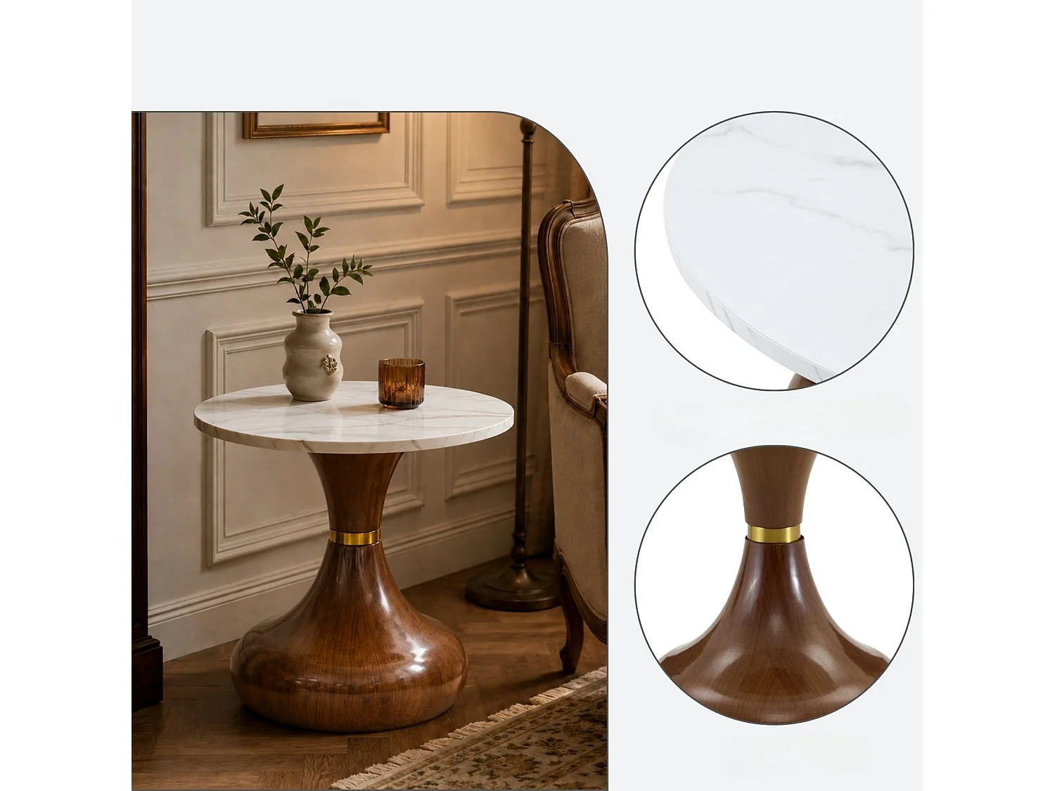 Set de 2 tables basses rondes aspect bois avec socles métalliques en forme de vase