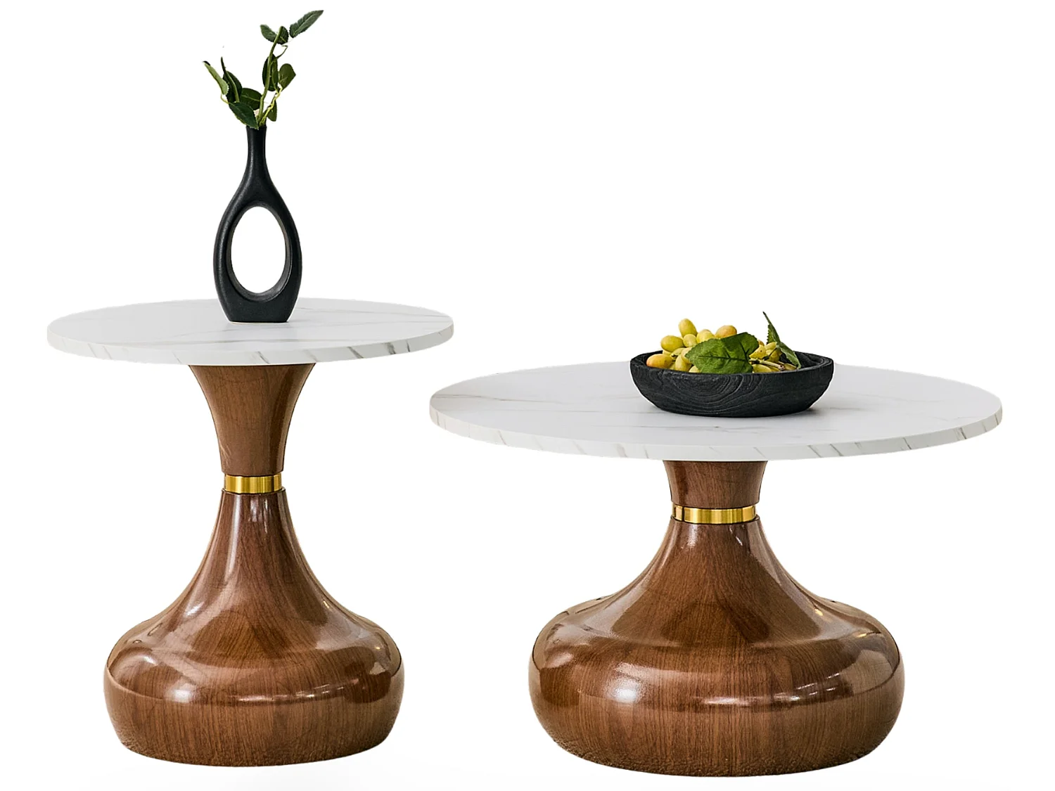 Set de 2 tables basses rondes aspect bois avec socles métalliques en forme de vase
