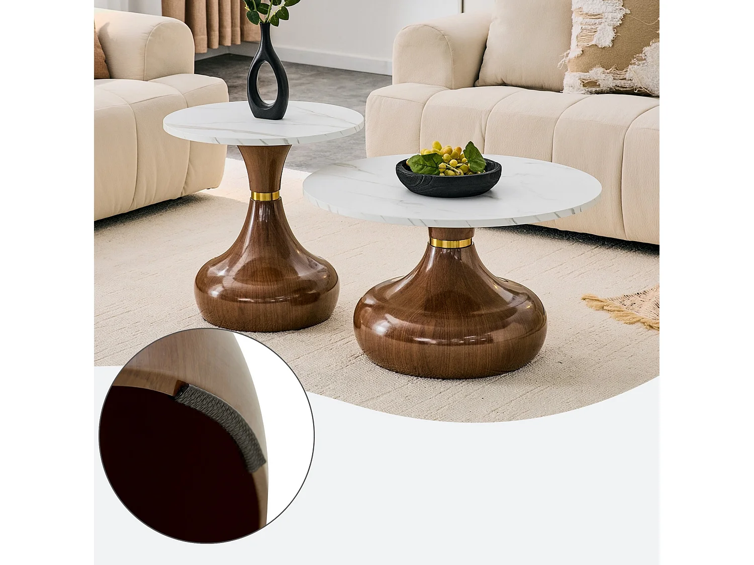 Set de 2 tables basses rondes aspect bois avec socles métalliques en forme de vase