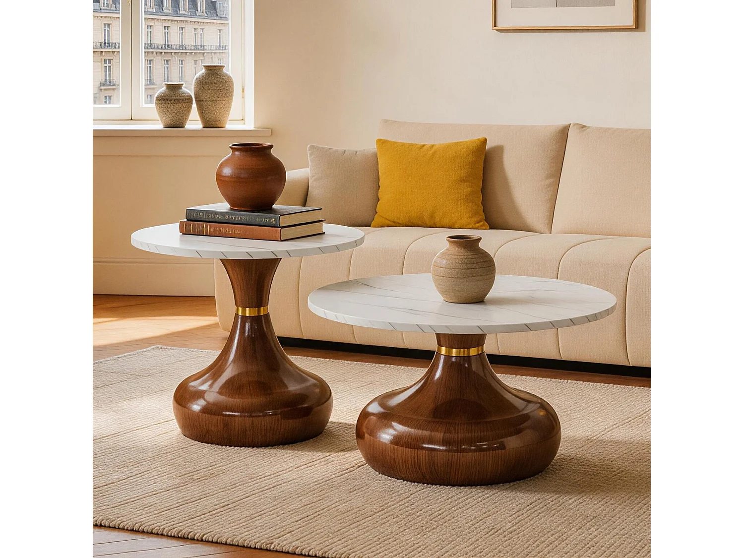 Set de 2 tables basses rondes aspect bois avec socles métalliques en forme de vase