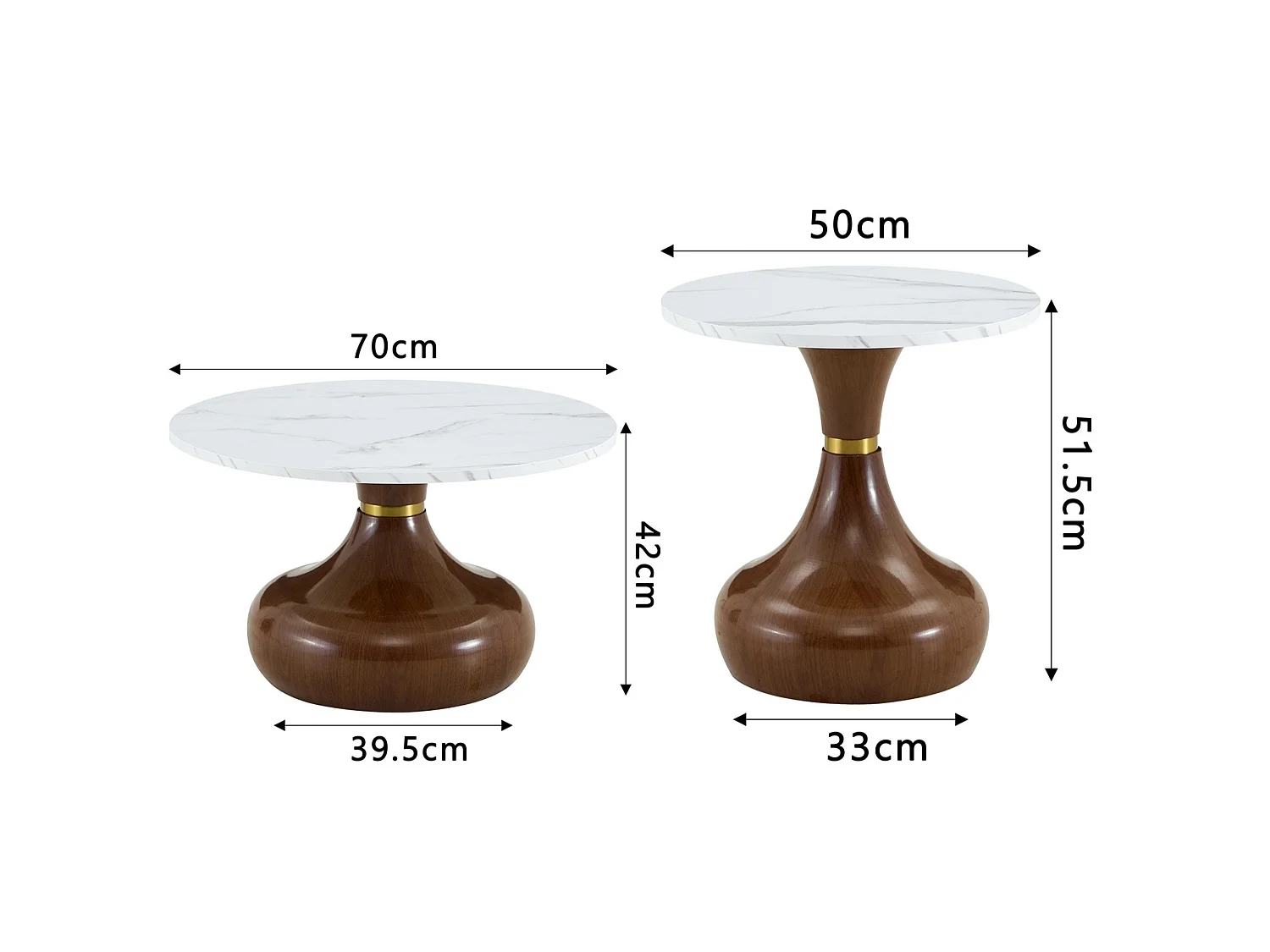 Set de 2 tables basses rondes aspect bois avec socles métalliques en forme de vase