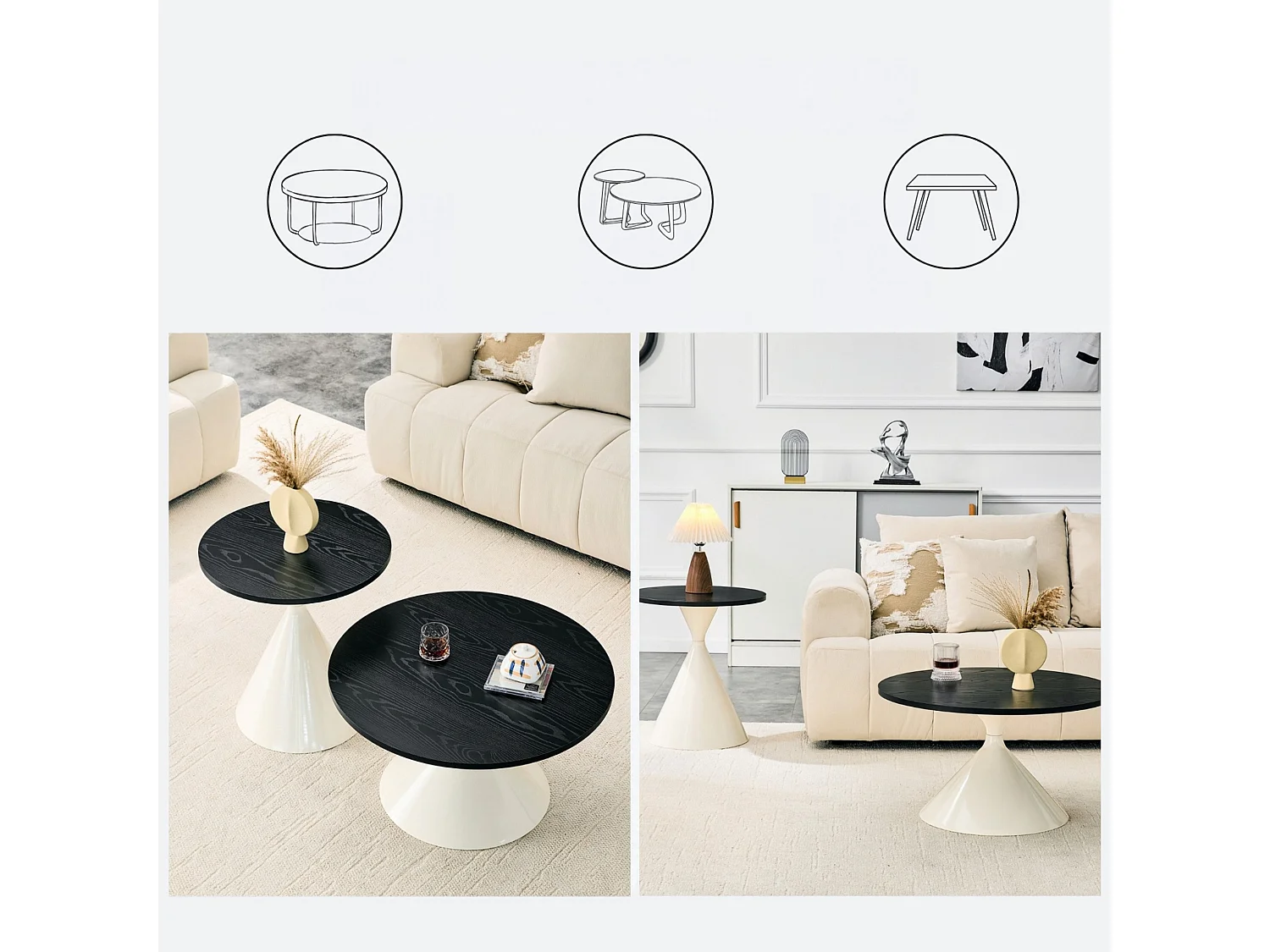 Set de 2 tables basses rondes aspect bois avec bases métalliques coniques