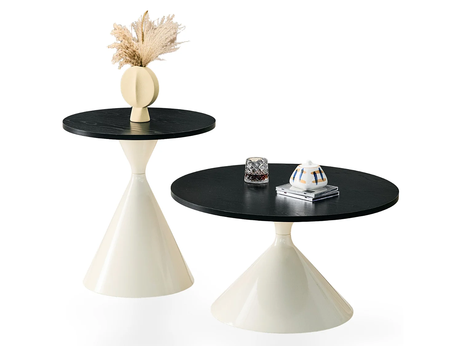 Set de 2 tables basses rondes aspect bois avec bases métalliques coniques