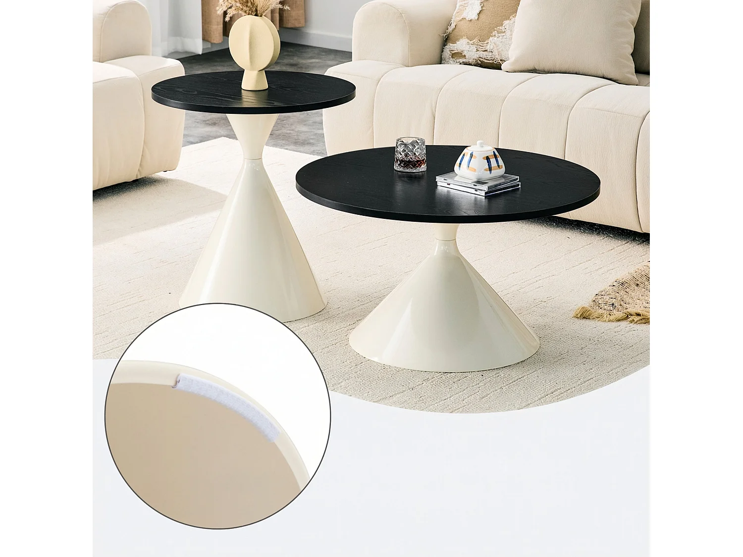 Set de 2 tables basses rondes aspect bois avec bases métalliques coniques