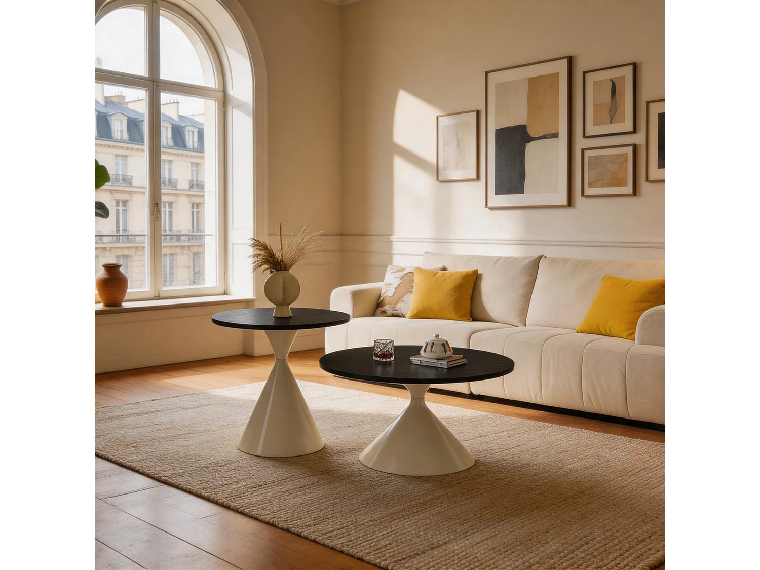 Set de 2 tables basses rondes aspect bois avec bases métalliques coniques