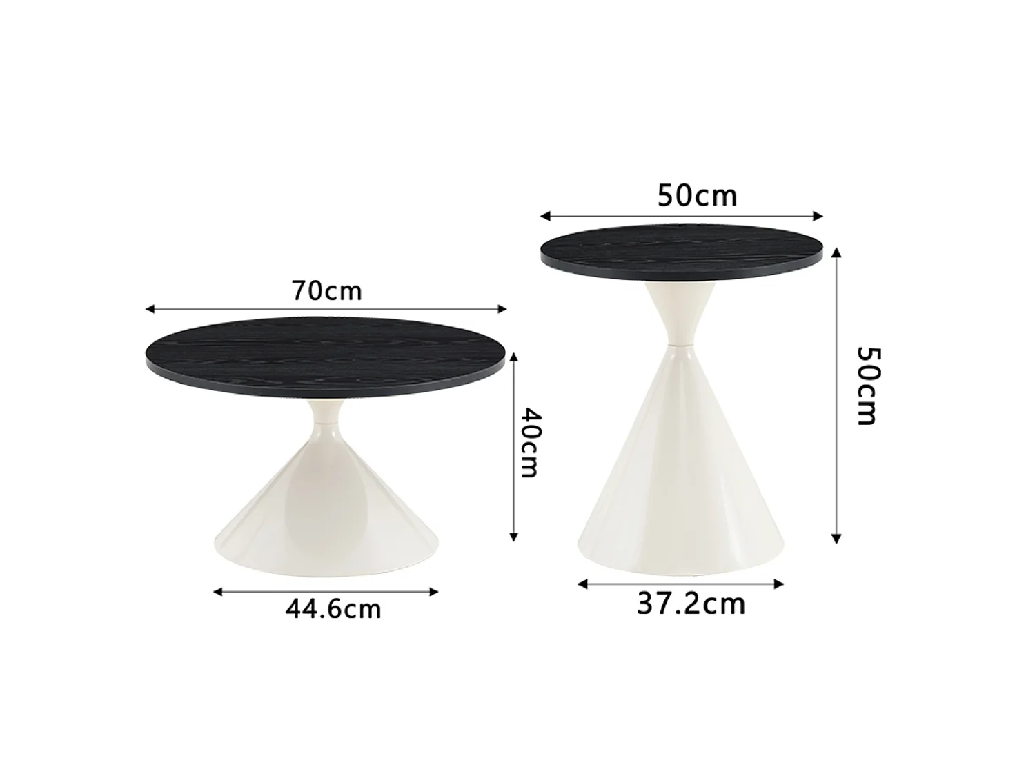 Set de 2 tables basses rondes aspect bois avec bases métalliques coniques