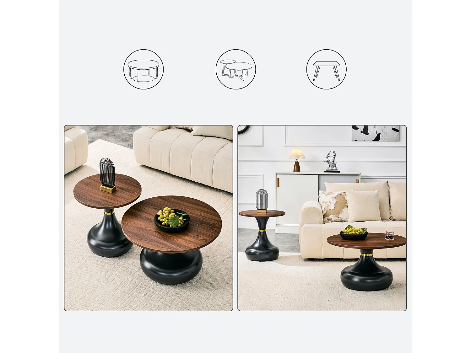 Set di 2 tavolini rotondi effetto legno con basi metalliche a forma di vaso