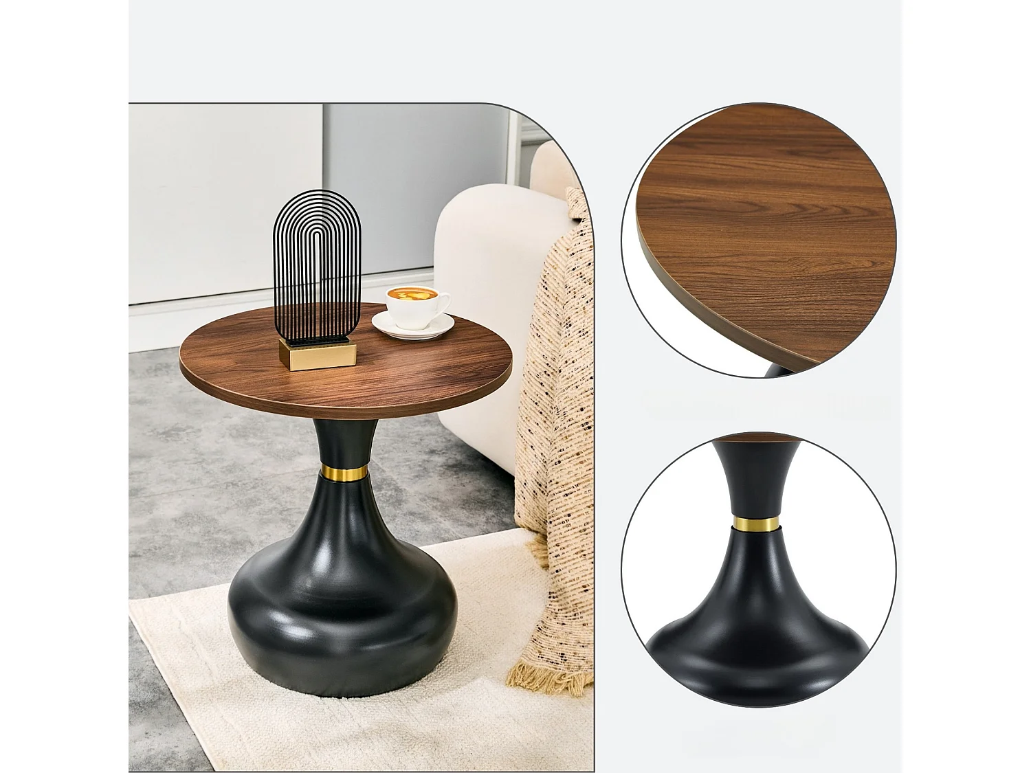 Set di 2 tavolini rotondi effetto legno con basi metalliche a forma di vaso