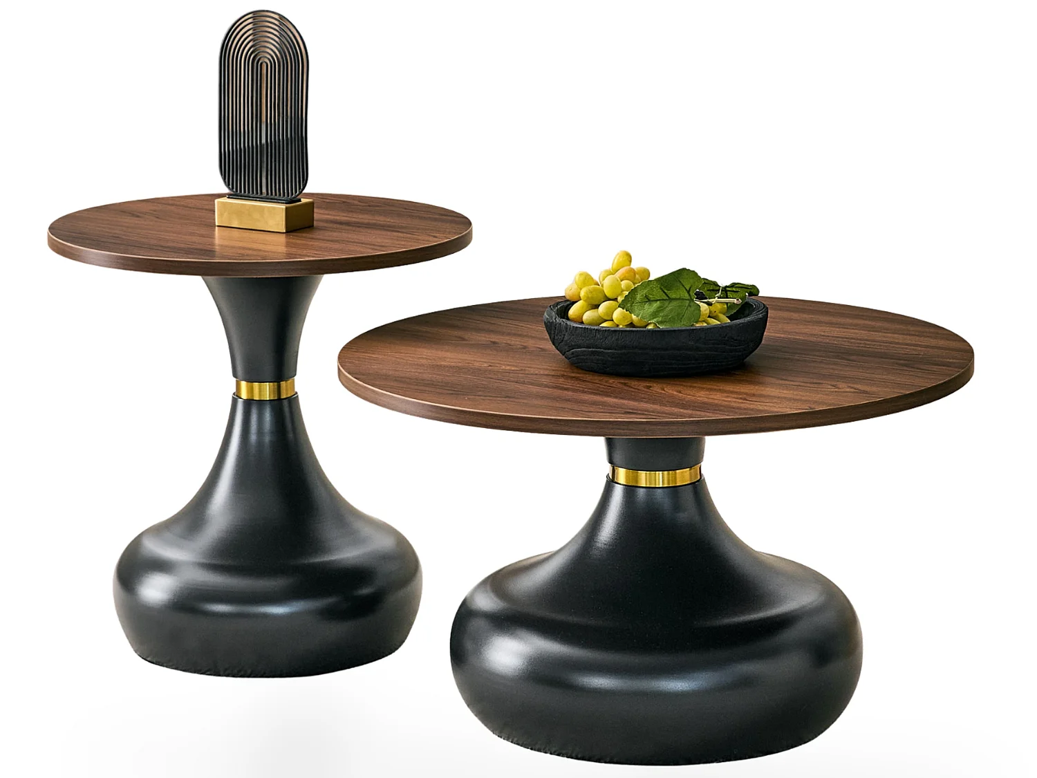 Set di 2 tavolini rotondi effetto legno con basi metalliche a forma di vaso