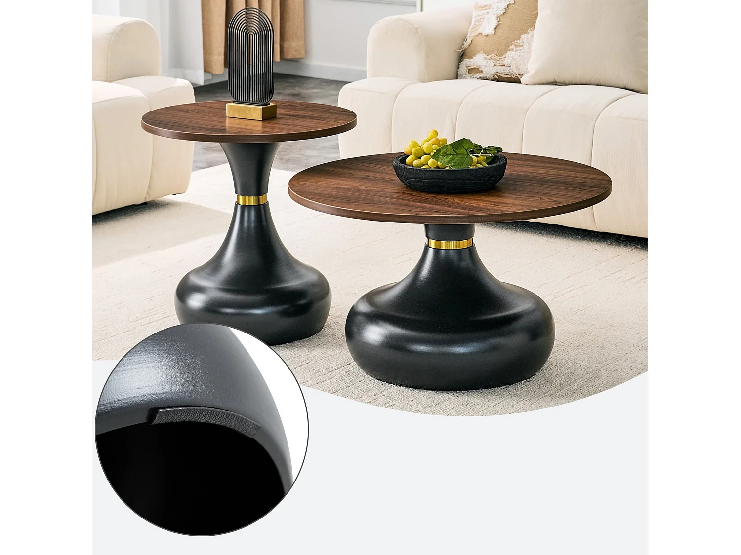 Set di 2 tavolini rotondi effetto legno con basi metalliche a forma di vaso