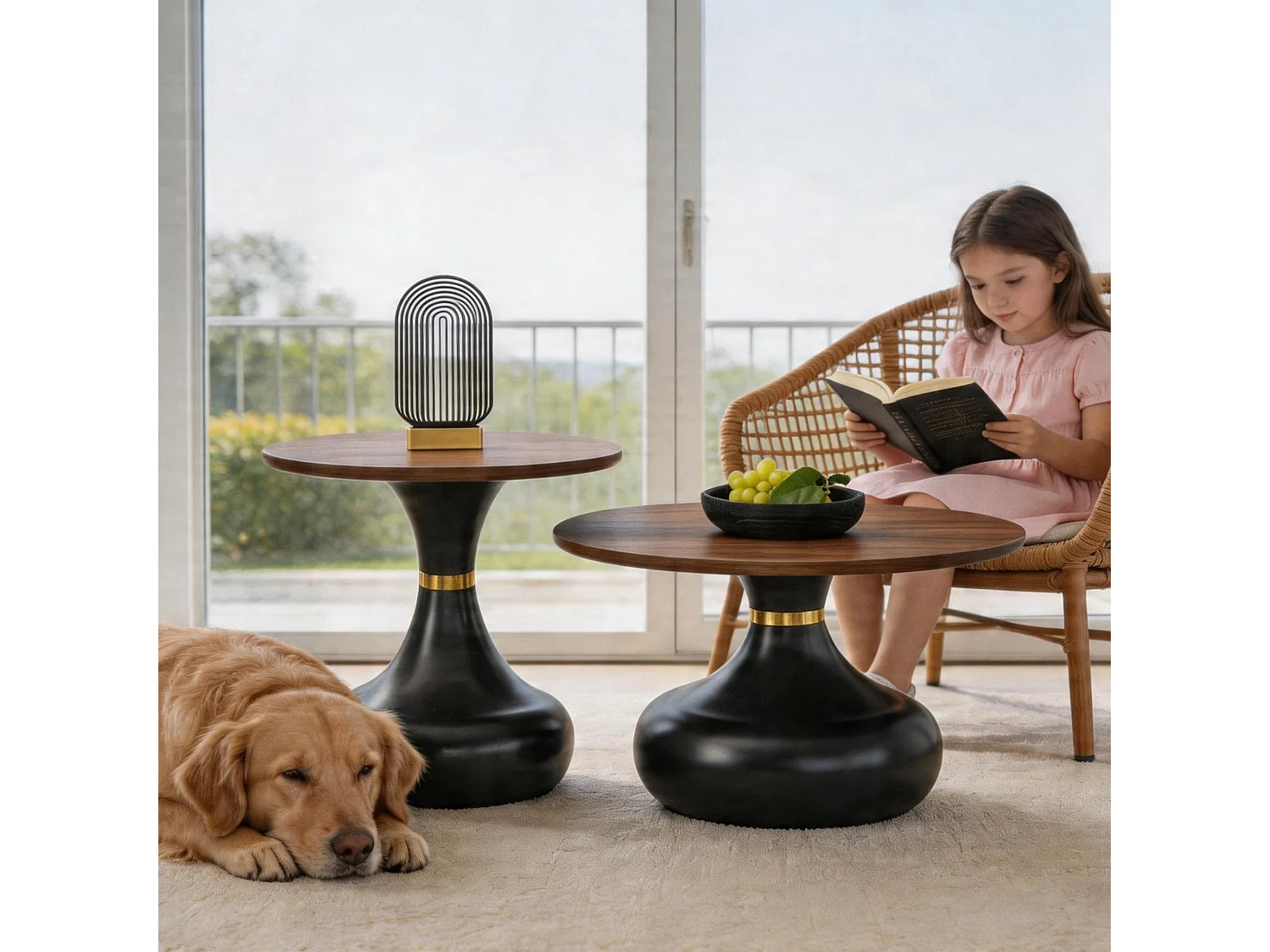 Set di 2 tavolini rotondi effetto legno con basi metalliche a forma di vaso