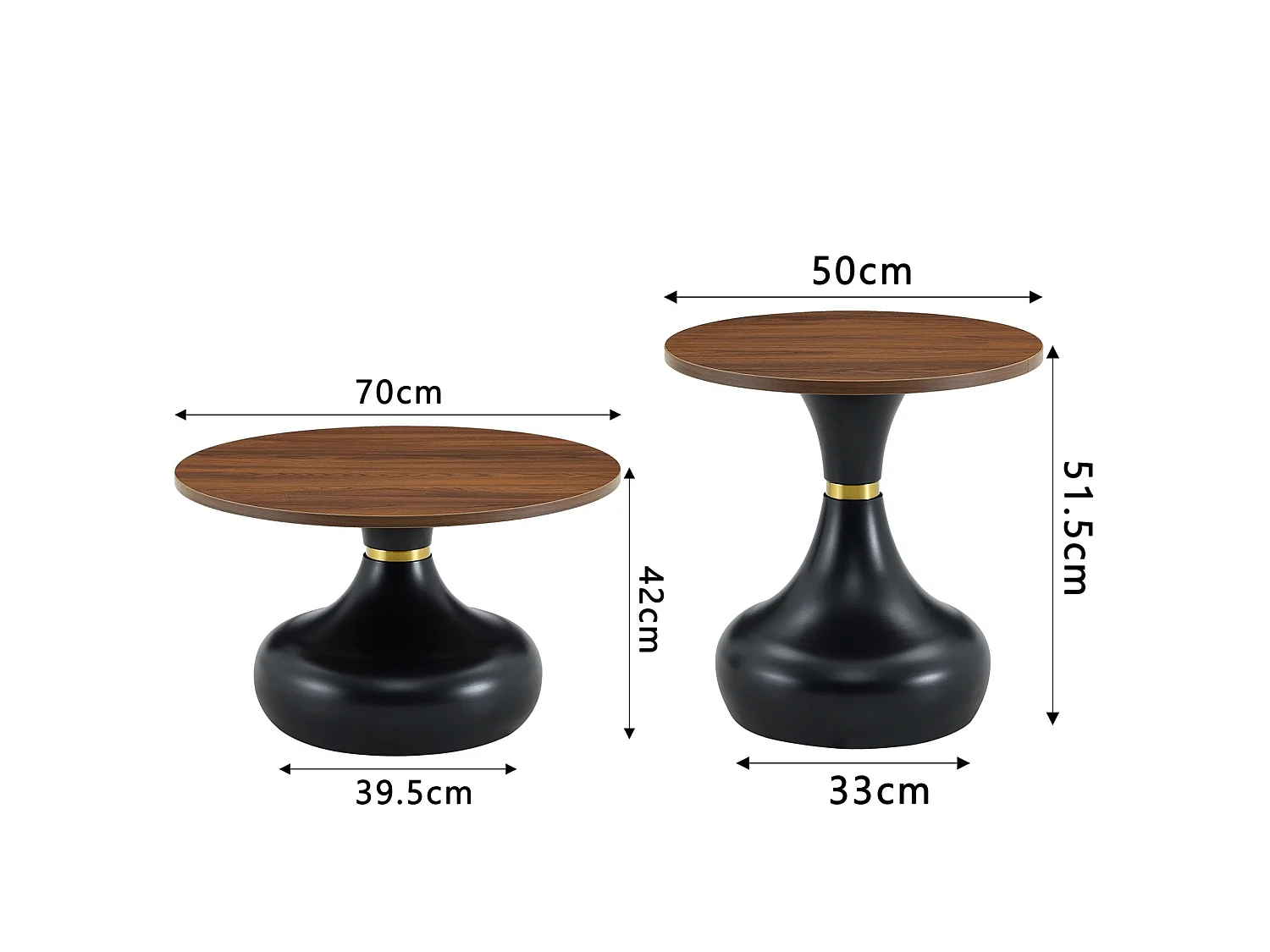 Set di 2 tavolini rotondi effetto legno con basi metalliche a forma di vaso