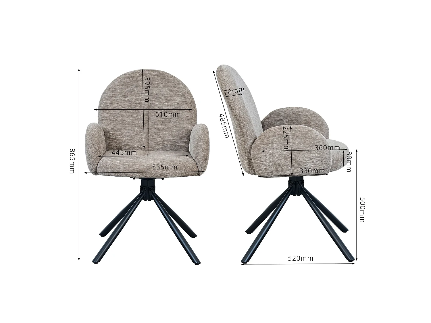 Lot de 2 chaises de salle a manger pivotantes en chenille avec accoudoirs et pieds metal
