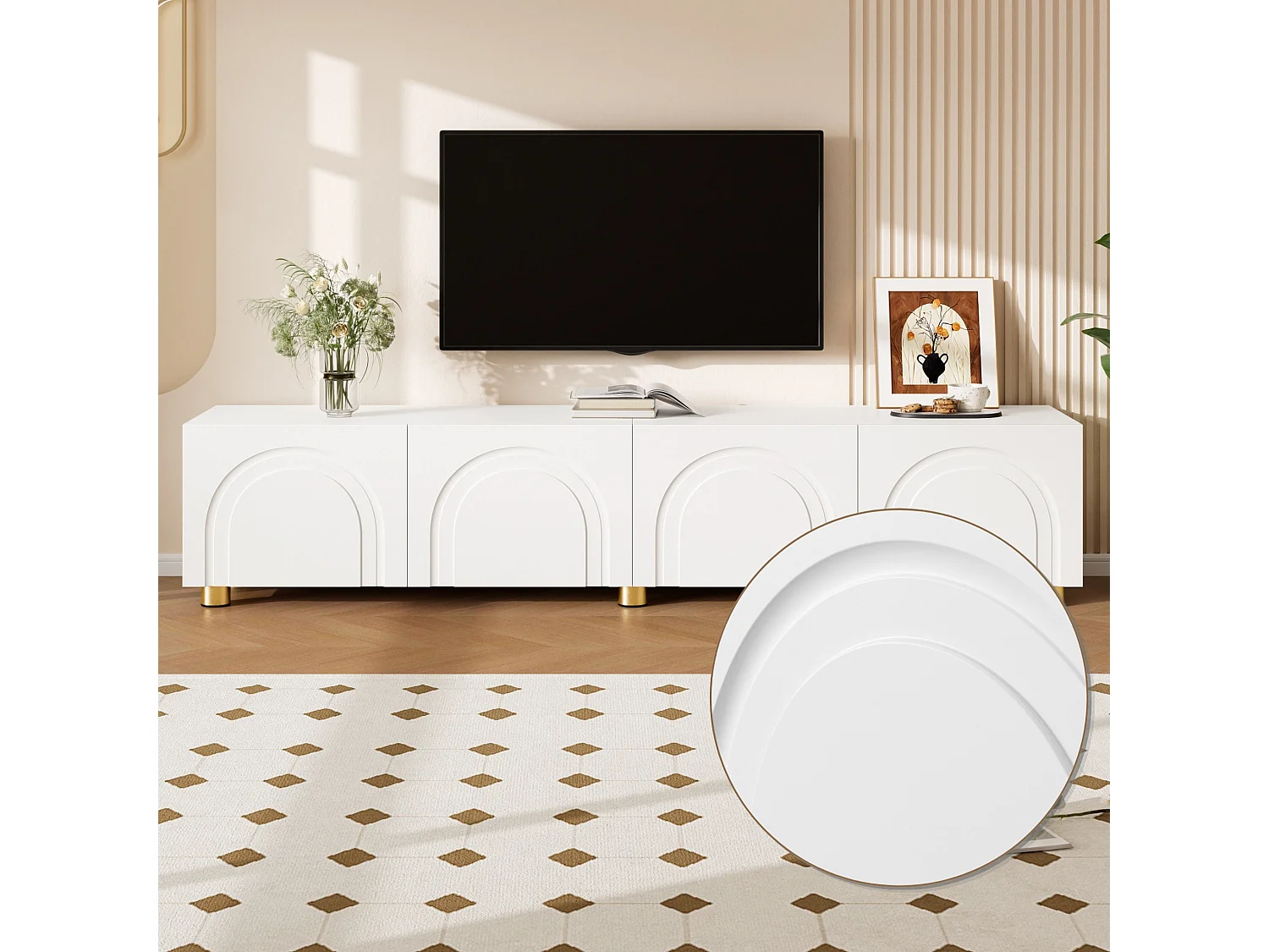 Meuble TV bas 180 cm avec 4 portes, rangement fermé et pieds en métal
