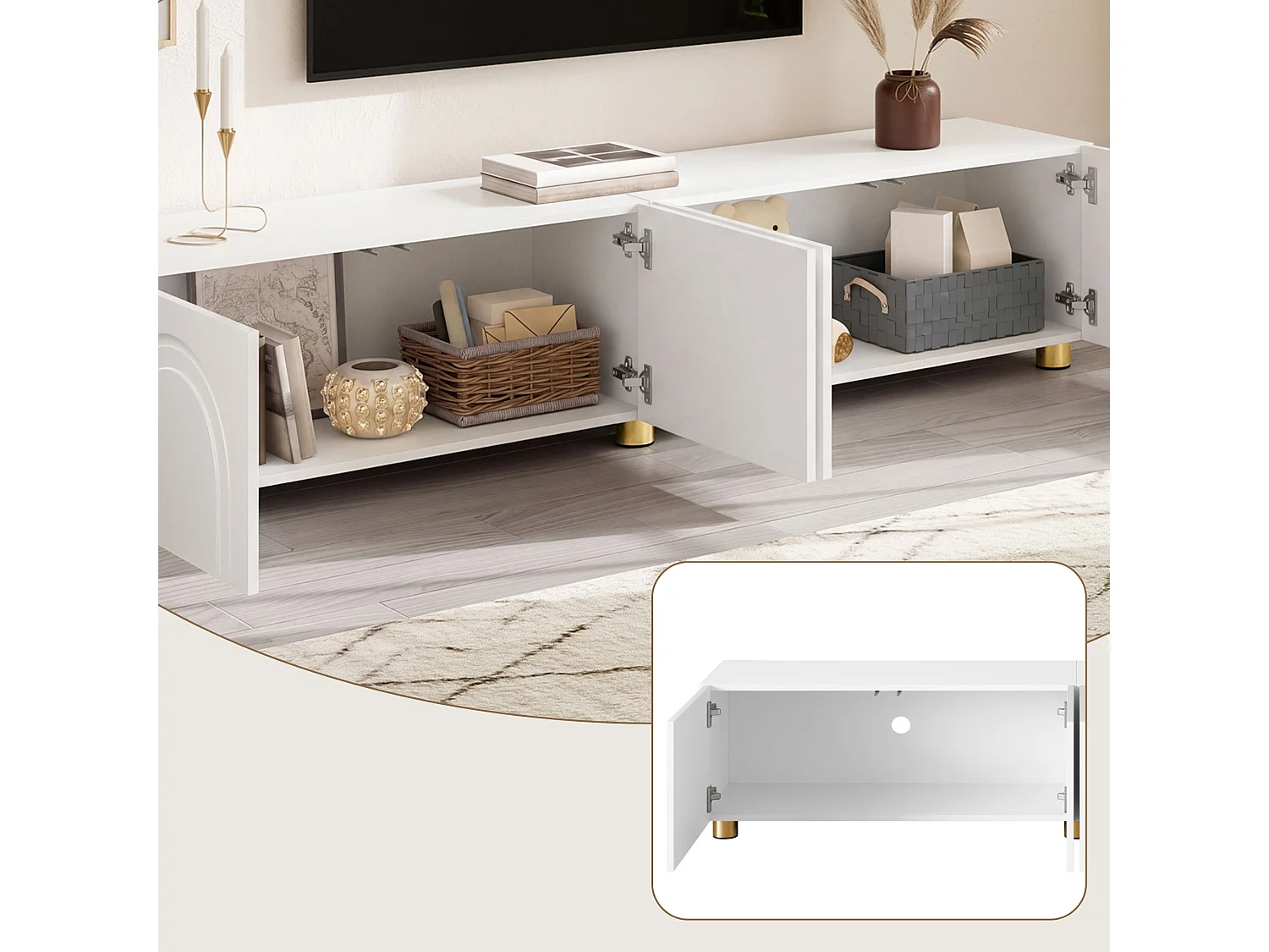 Meuble TV bas 180 cm avec 4 portes, rangement fermé et pieds en métal