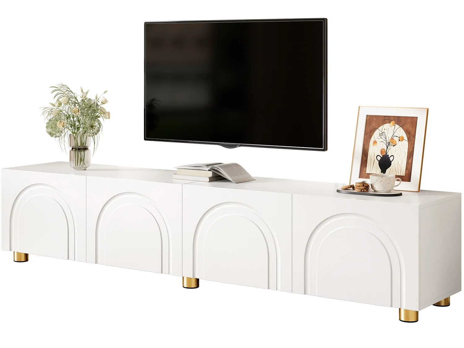 Meuble TV bas 180 cm avec 4 portes, rangement fermé et pieds en métal