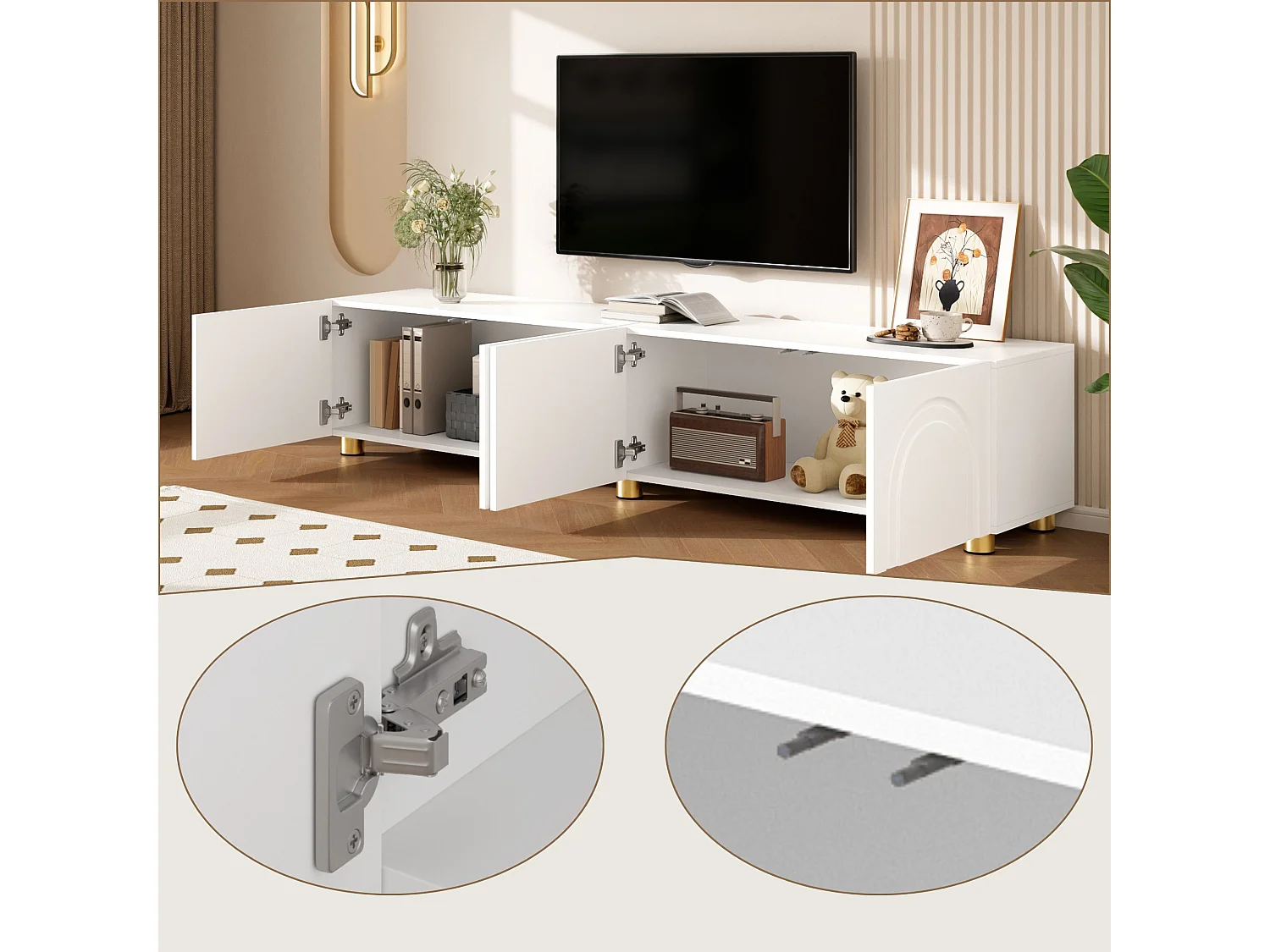 Meuble TV bas 180 cm avec 4 portes, rangement fermé et pieds en métal