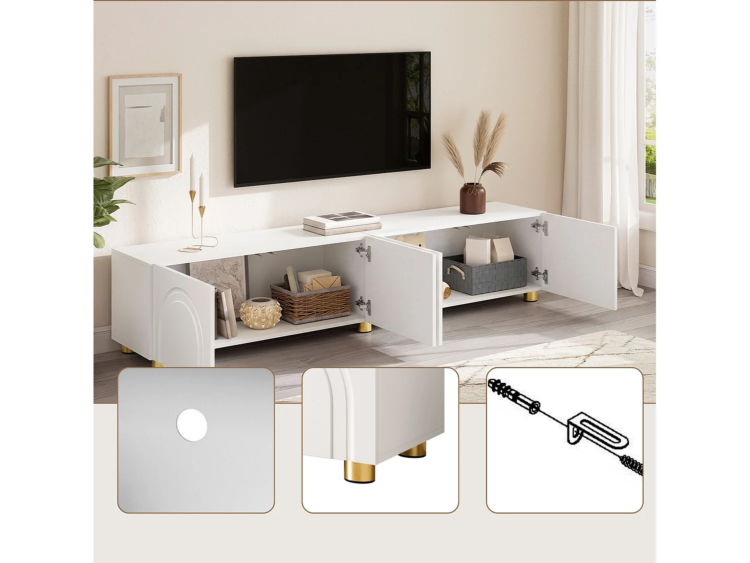 Meuble TV bas 180 cm avec 4 portes, rangement fermé et pieds en métal