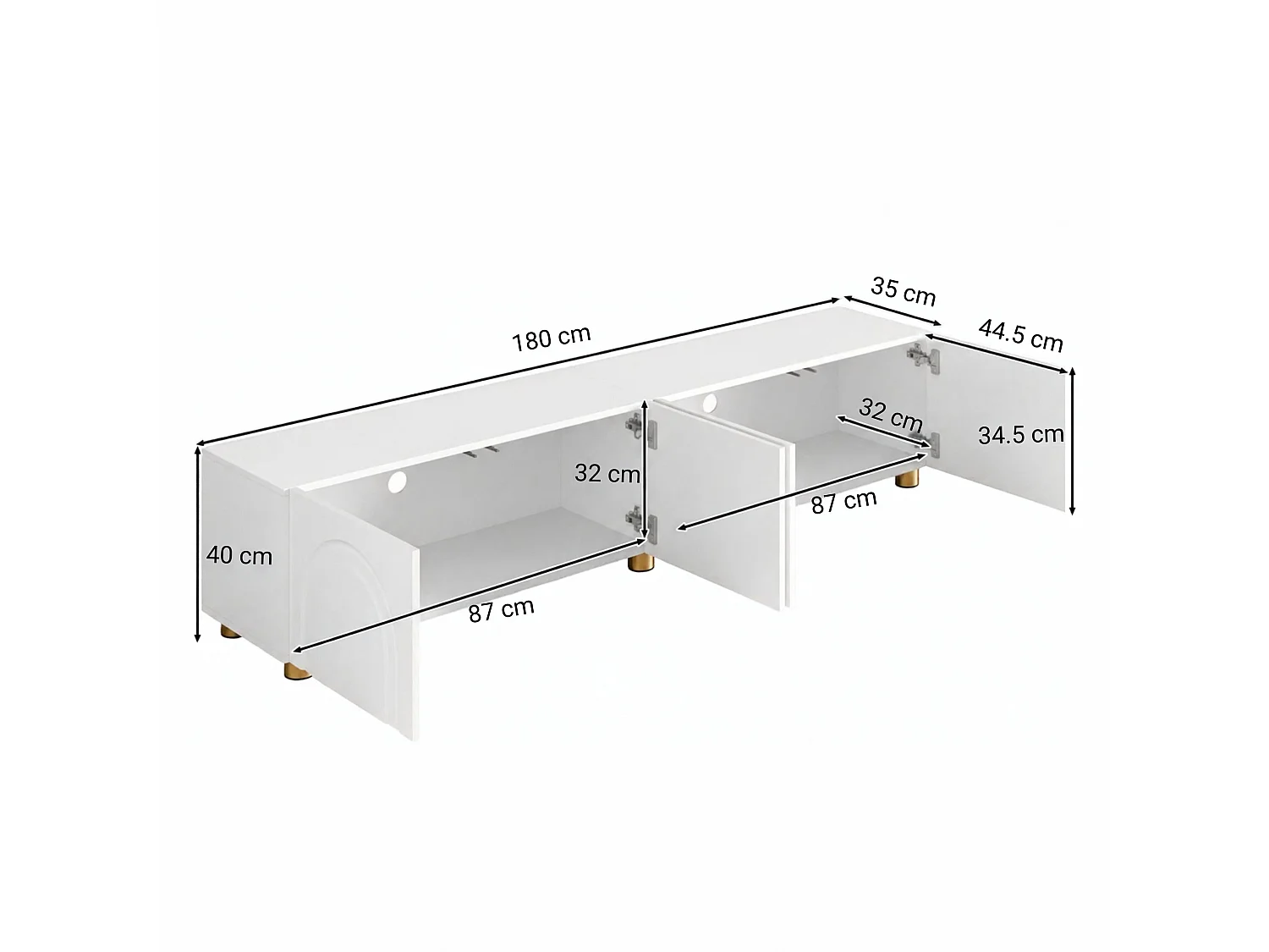 Meuble TV bas 180 cm avec 4 portes, rangement fermé et pieds en métal
