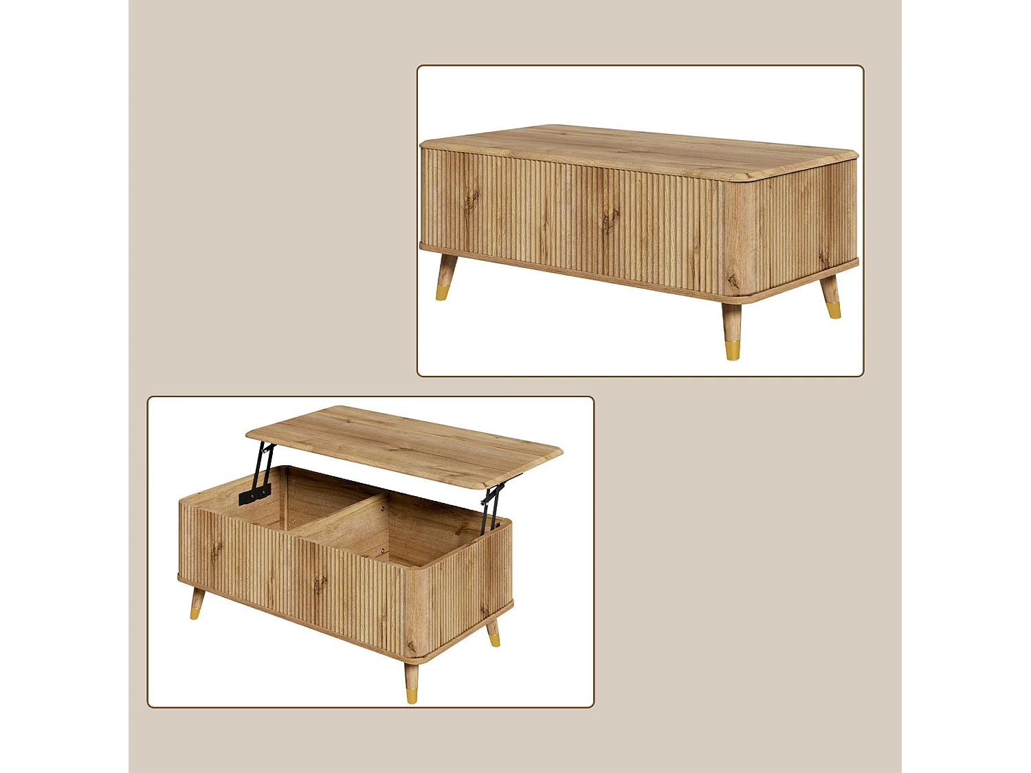 Table basse avec plateau relevable, deux rangements cachés et façade cannelée