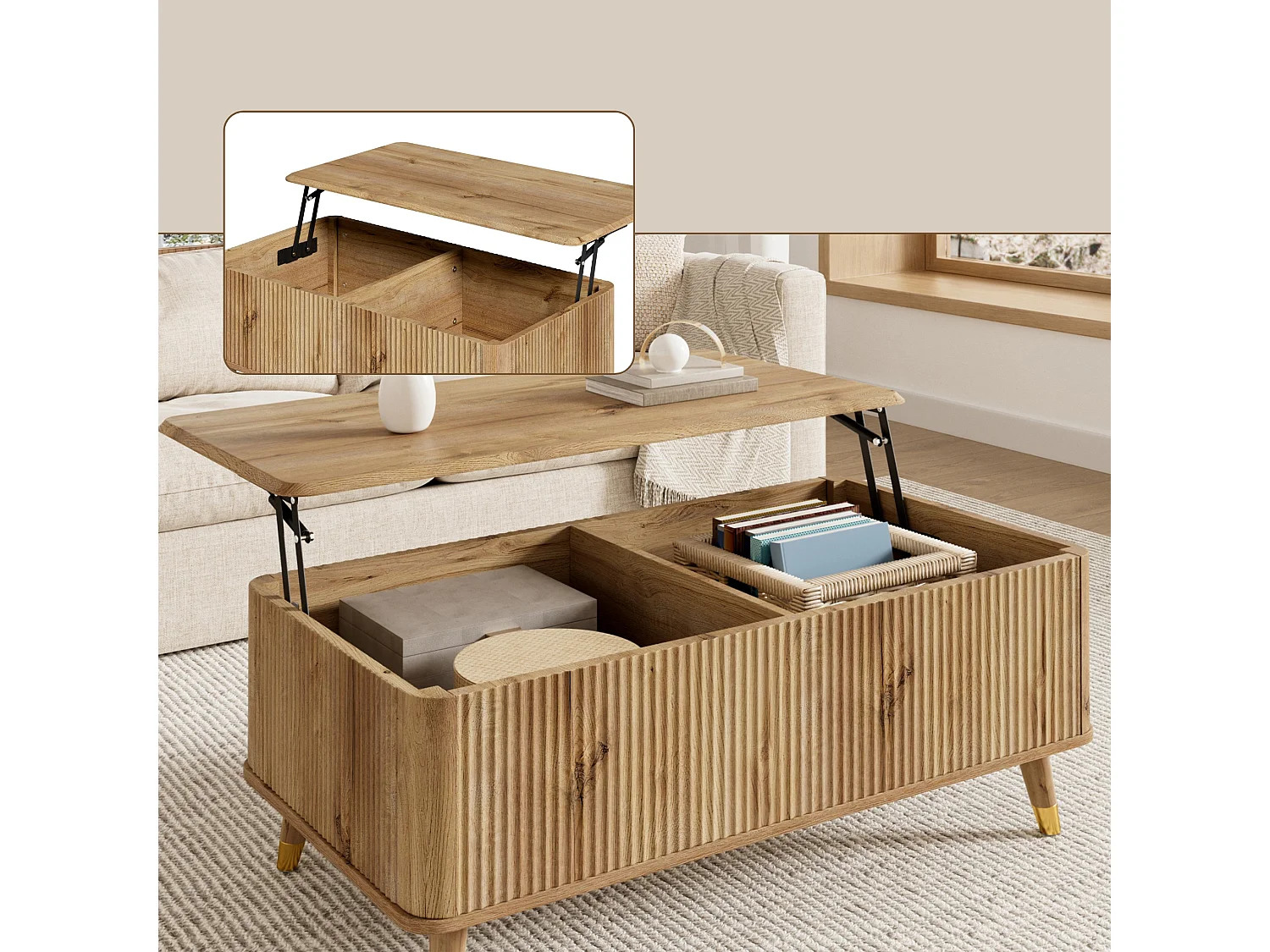 Table basse avec plateau relevable, deux rangements cachés et façade cannelée
