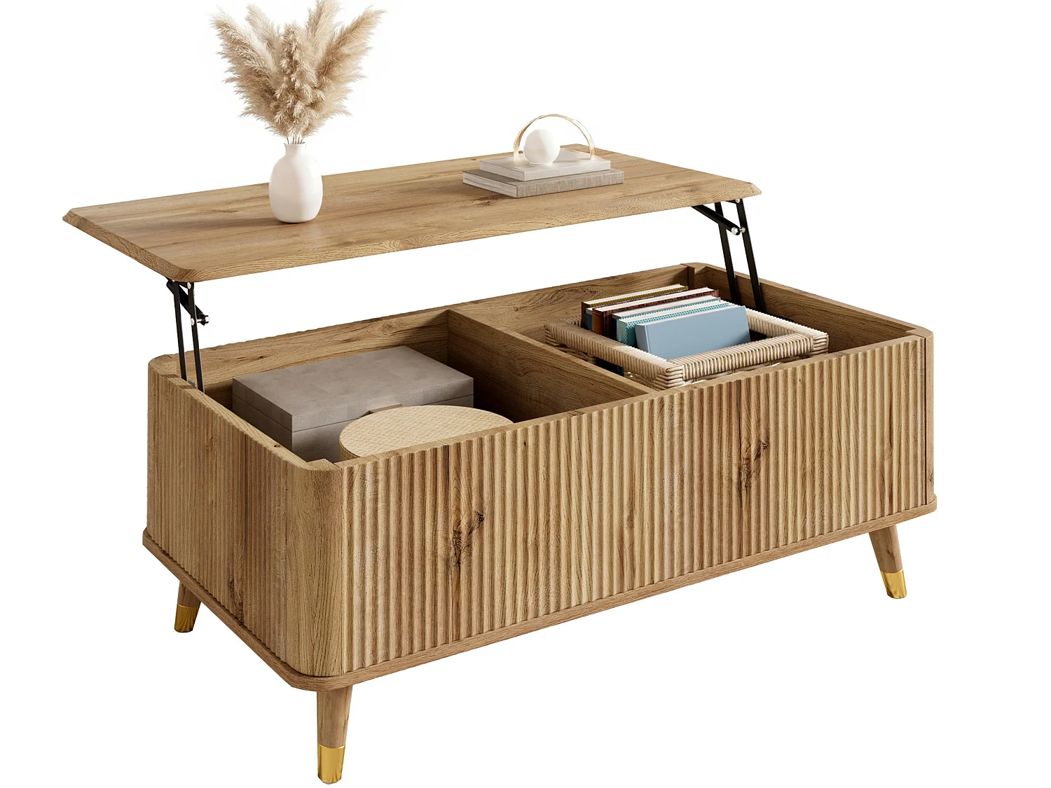 Table basse avec plateau relevable, deux rangements cachés et façade cannelée