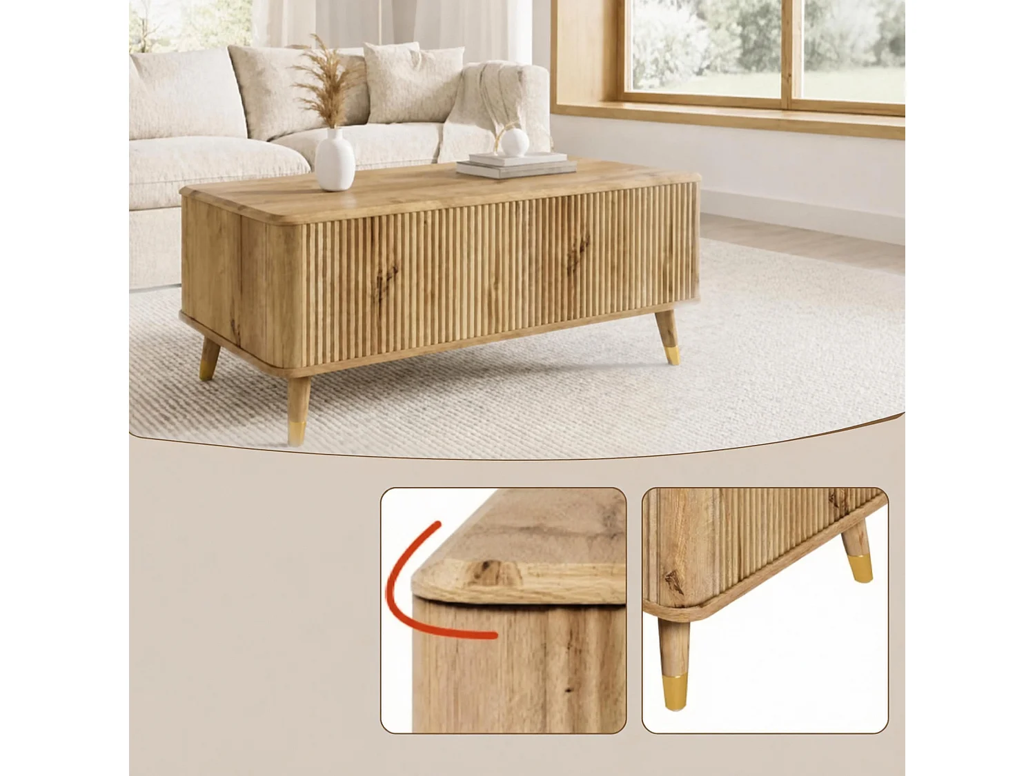 Table basse avec plateau relevable, deux rangements cachés et façade cannelée
