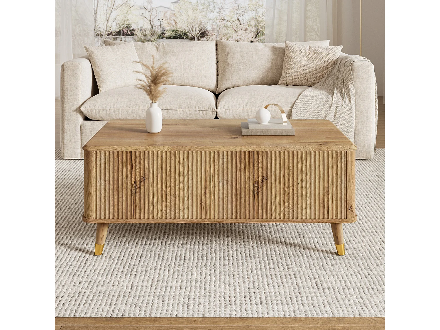 Table basse avec plateau relevable, deux rangements cachés et façade cannelée