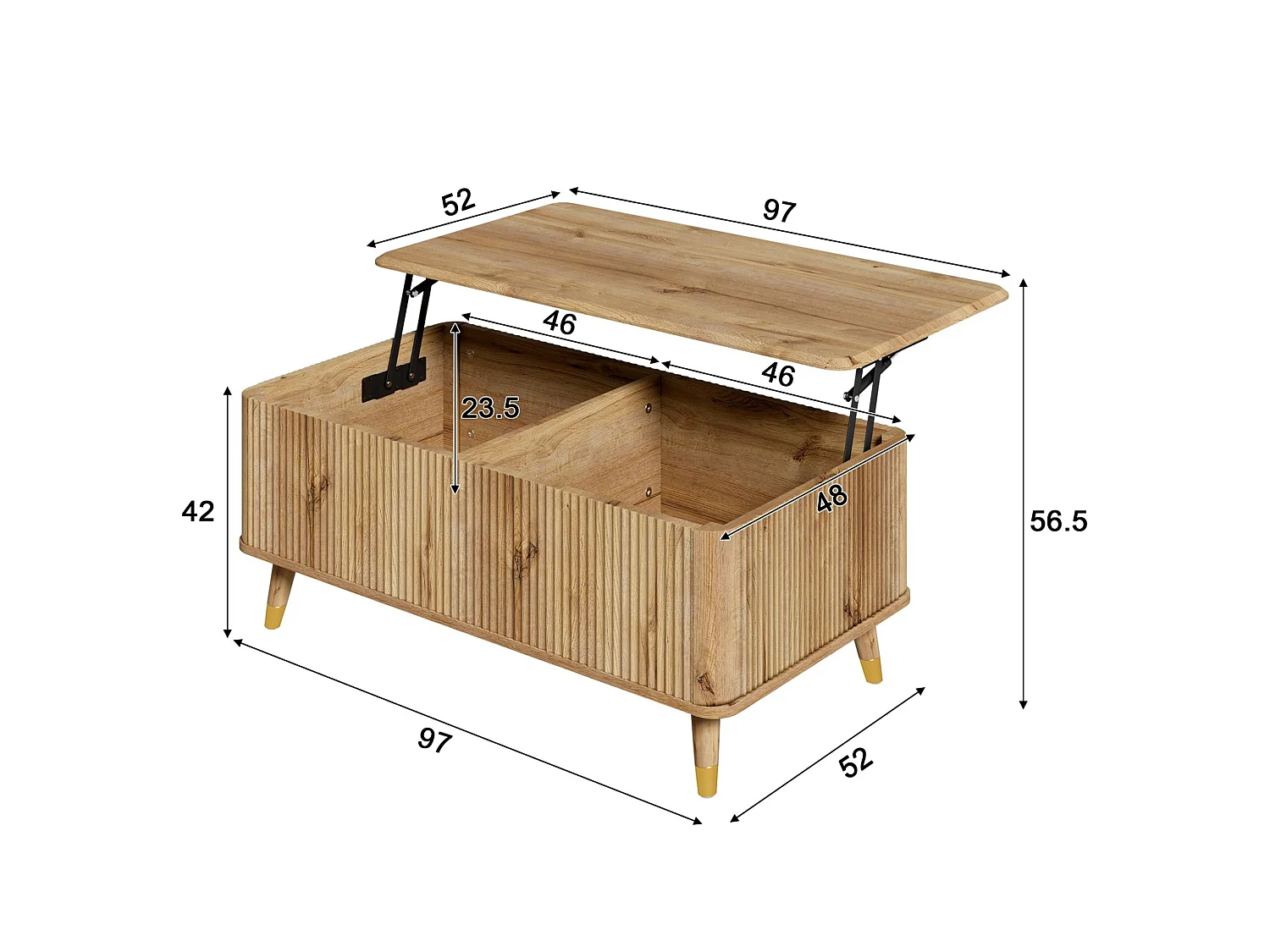 Table basse avec plateau relevable, deux rangements cachés et façade cannelée