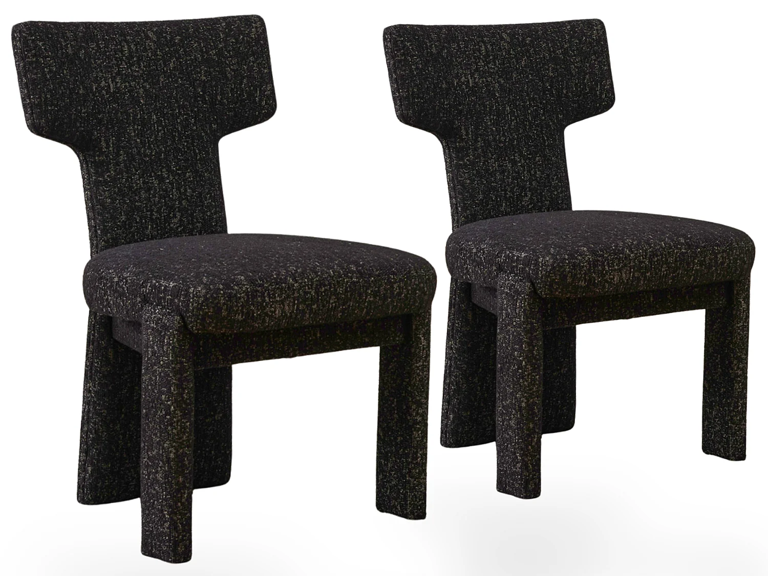 Set van 2 chenille eetkamerstoelen met brede gebogen T rugleuning en houten frame