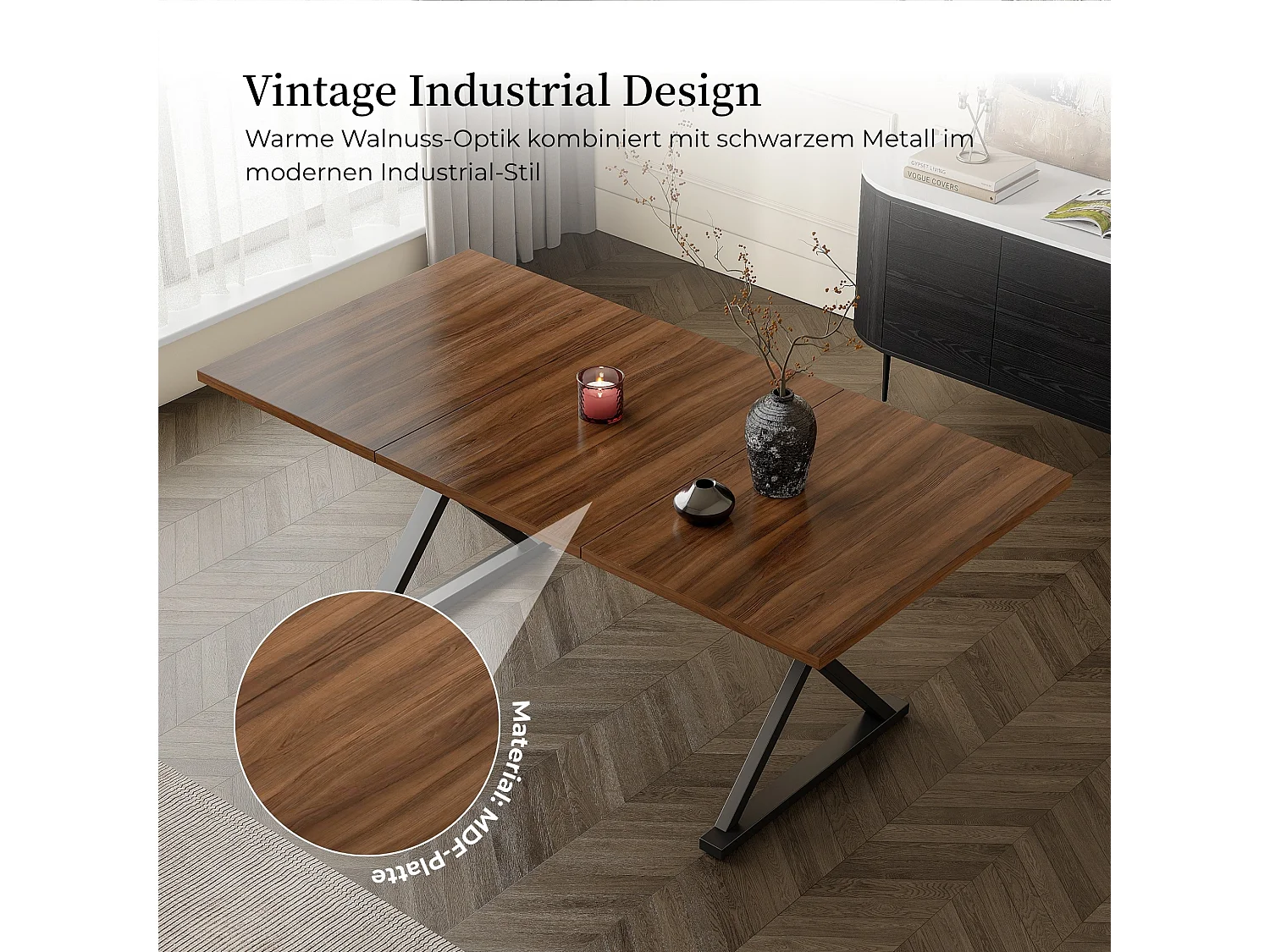 Rechthoekige eettafel in vintage industriële stijl voor 6 tot 8 personen 180 x 90 cm