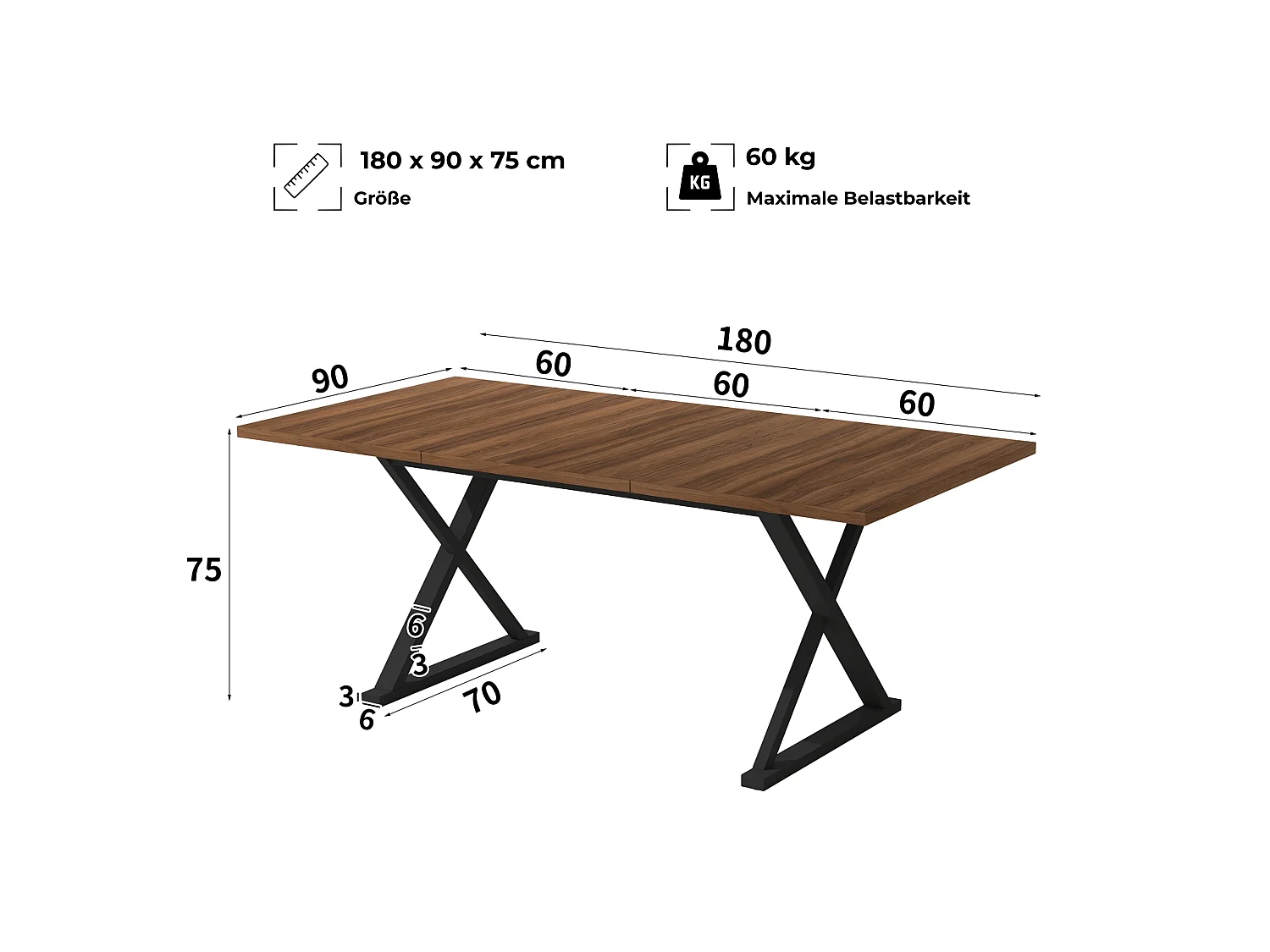 Rechthoekige eettafel in vintage industriële stijl voor 6 tot 8 personen 180 x 90 cm