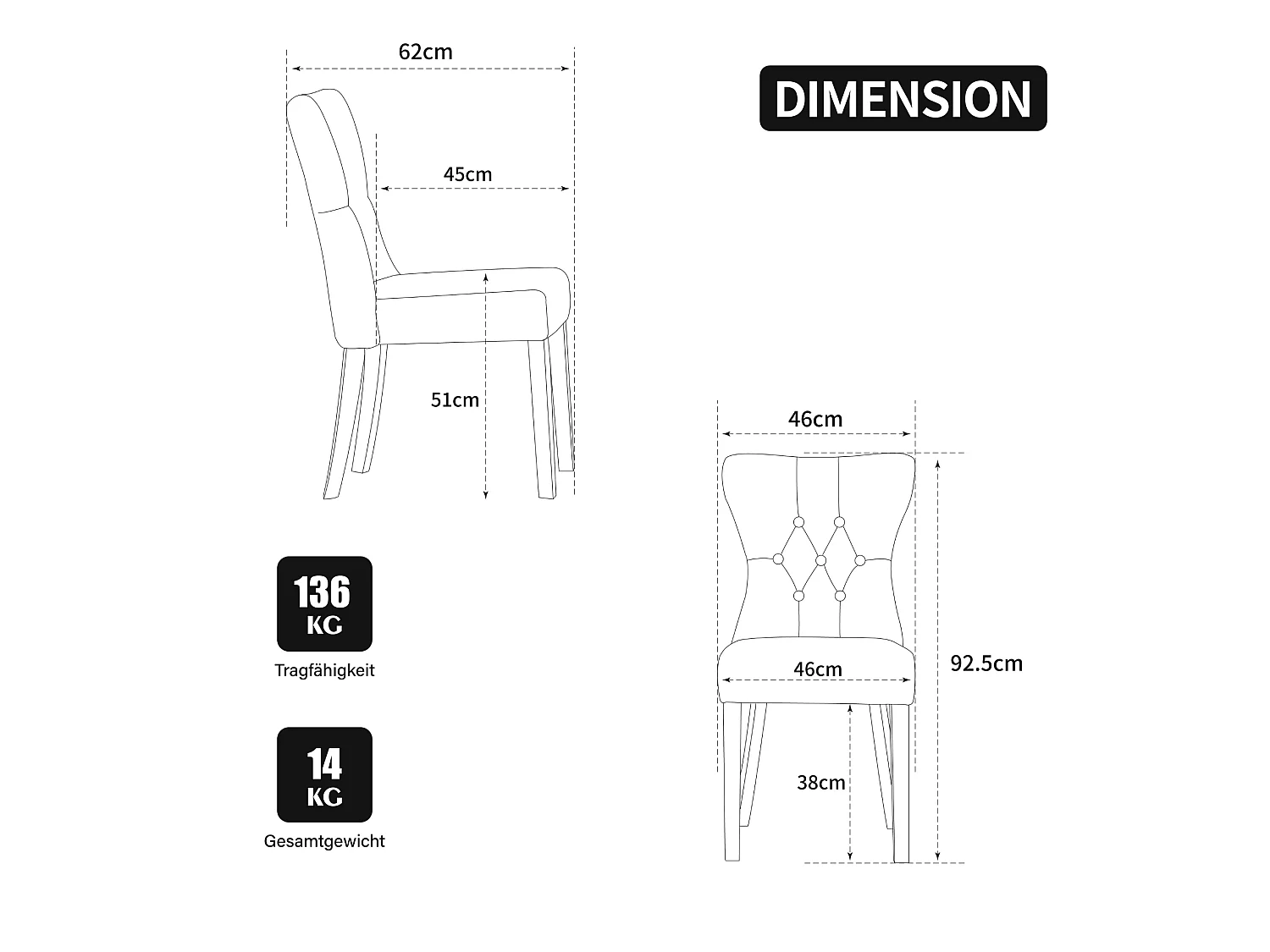 Lot de 2 chaises de salle a manger en chenille avec dossier capitonne et pieds en bois massif